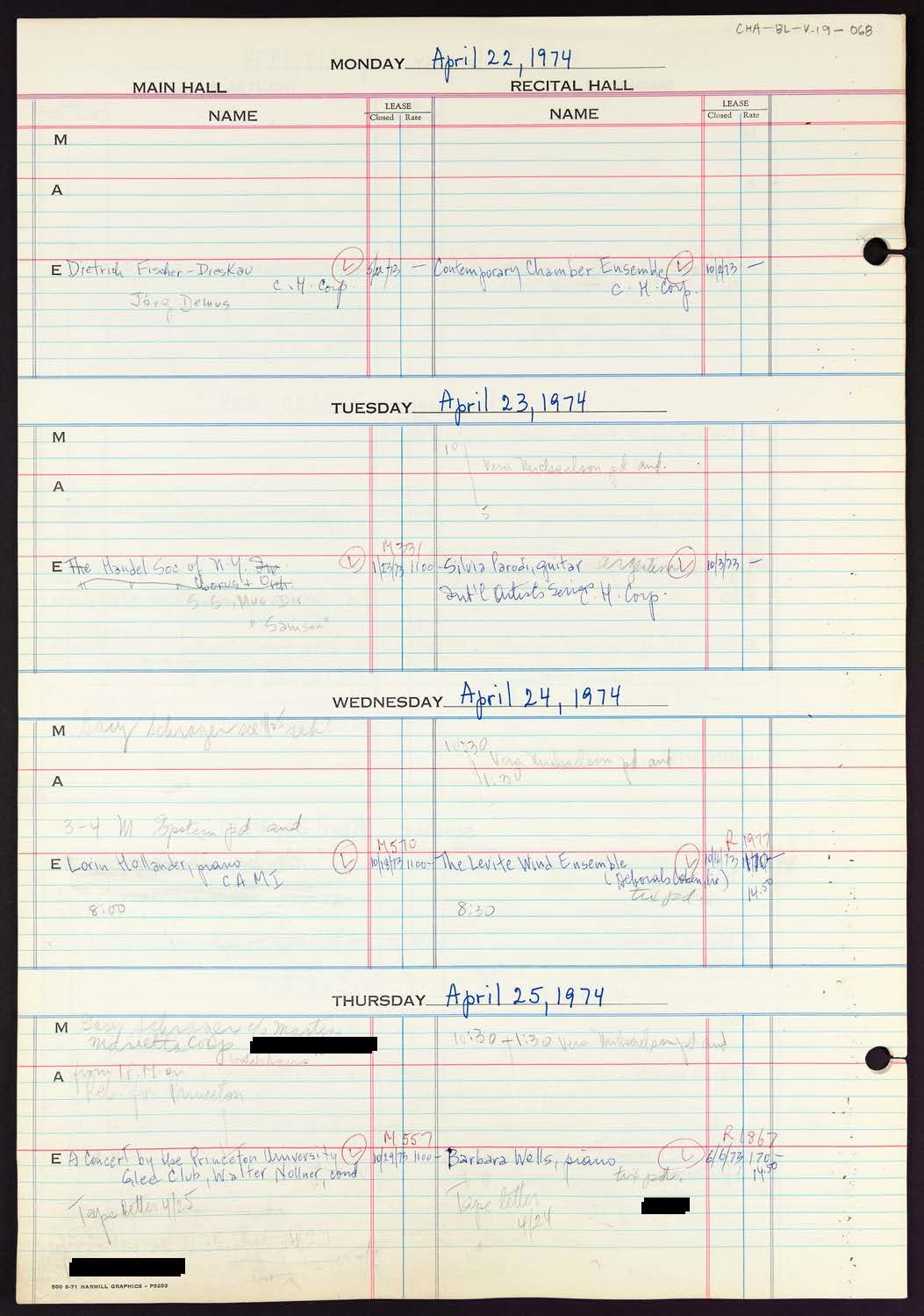 Carnegie Hall Booking Ledger, volume 19, page 68