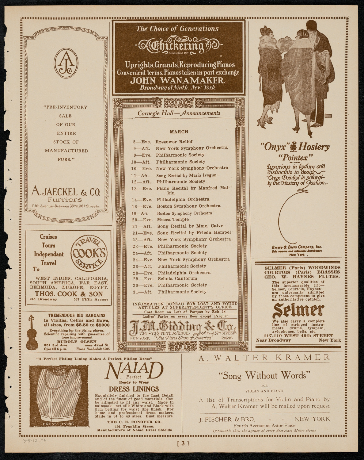 Jascha Heifetz, Violin, March 5, 1922, program page 3