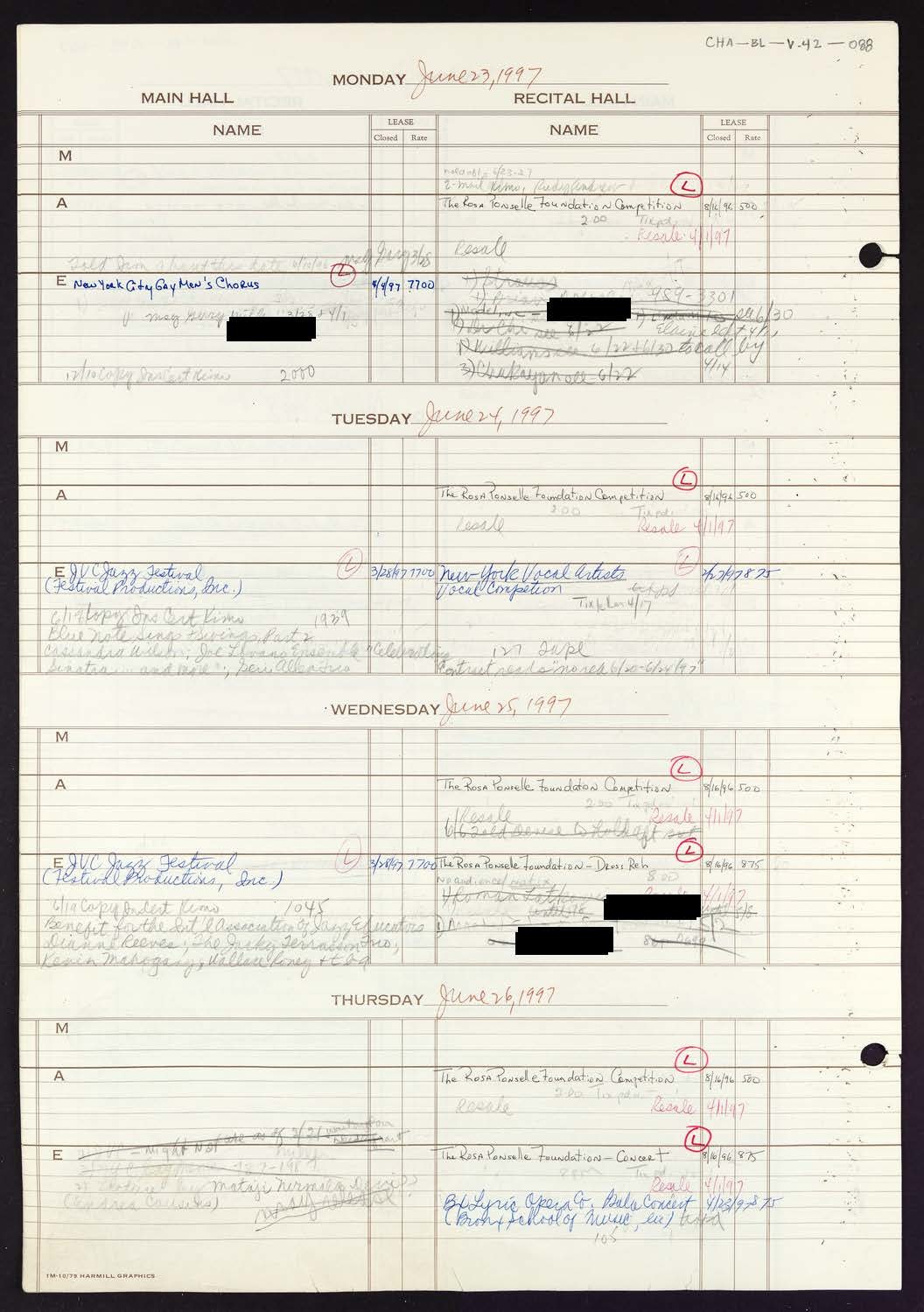 Carnegie Hall Booking Ledger, volume 42, page 88