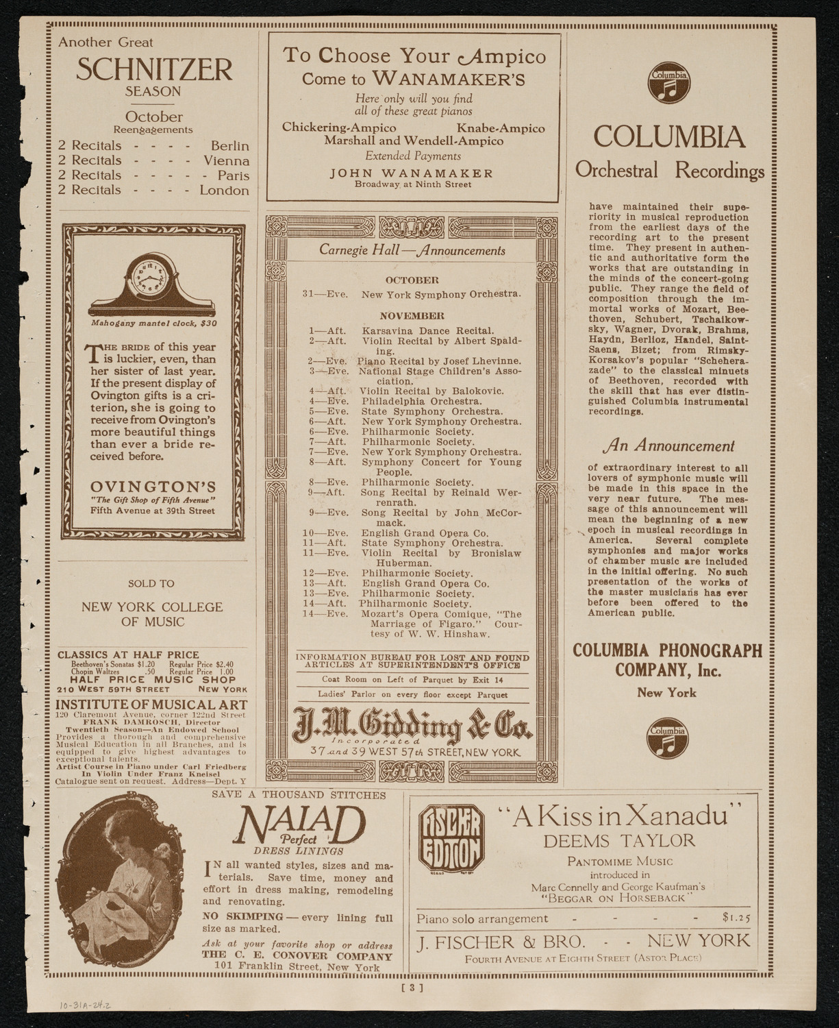 New York Philharmonic, October 31, 1924, program page 3