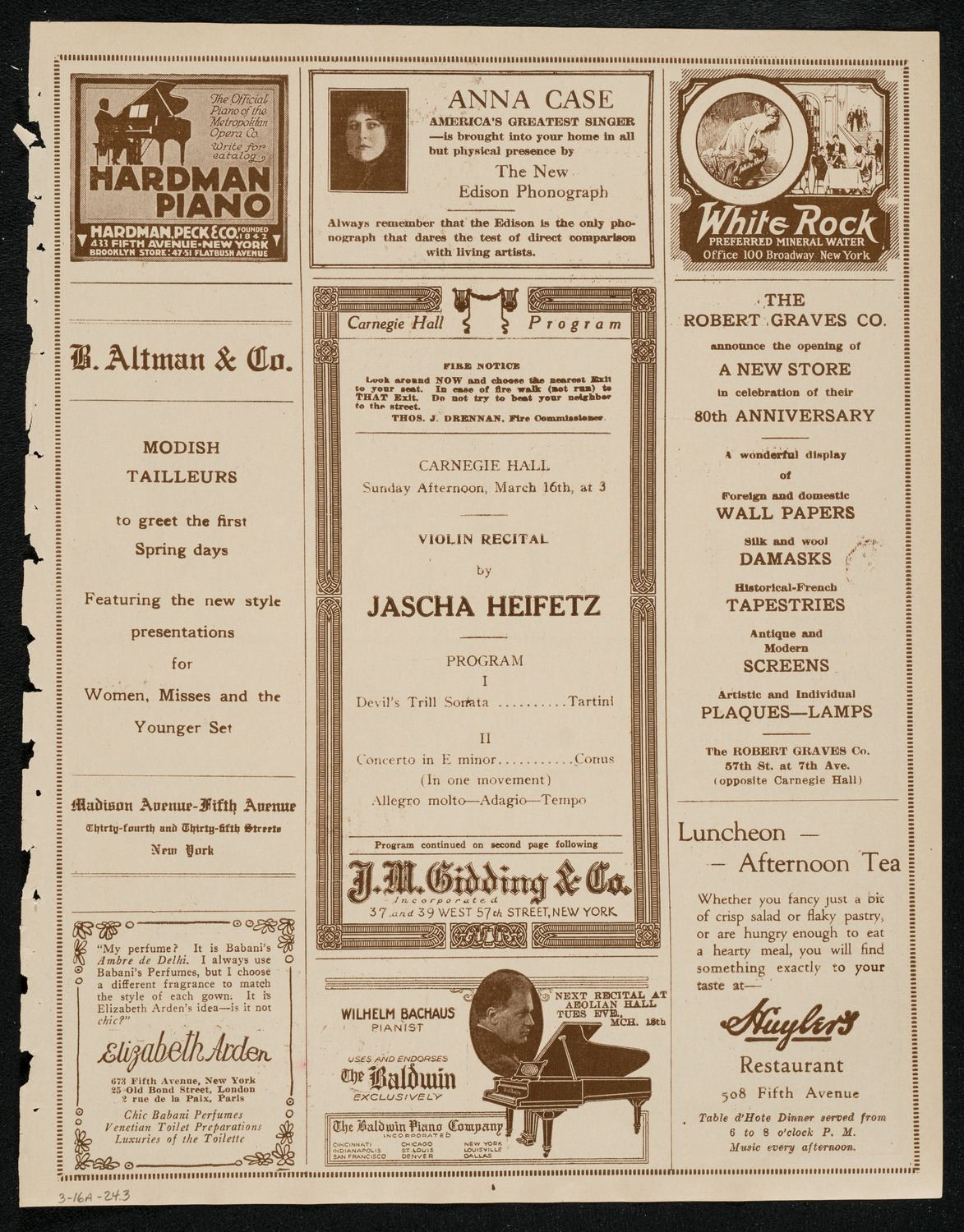 Jascha Heifetz, Violin, March 16, 1924, program page 5
