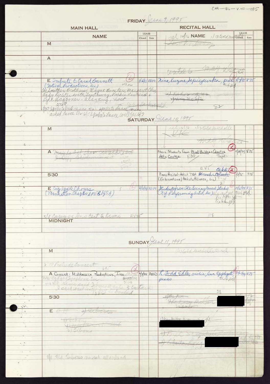 Carnegie Hall Booking Ledger, volume 40, page 85