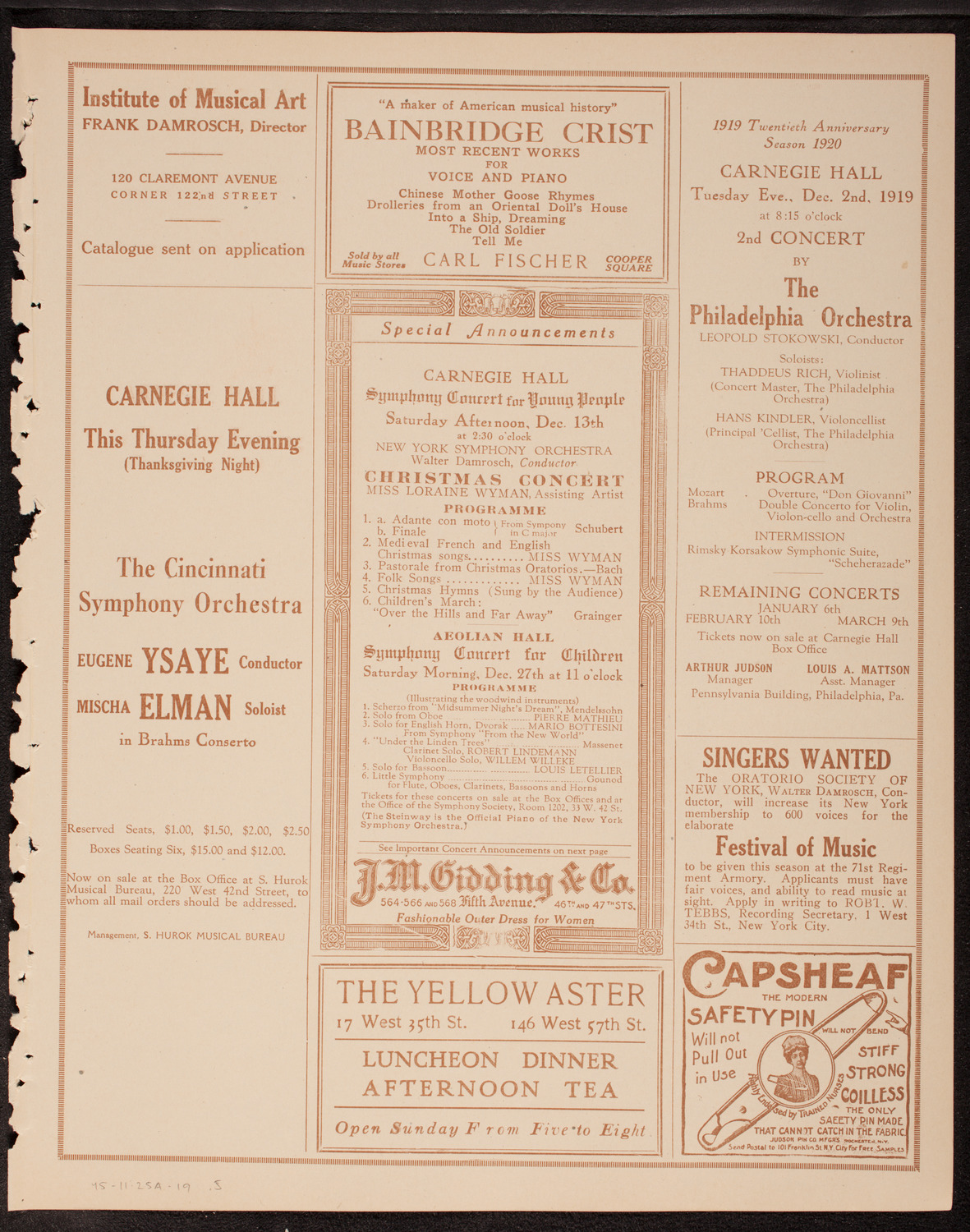 New Symphony Orchestra, November 25, 1919, program page 9