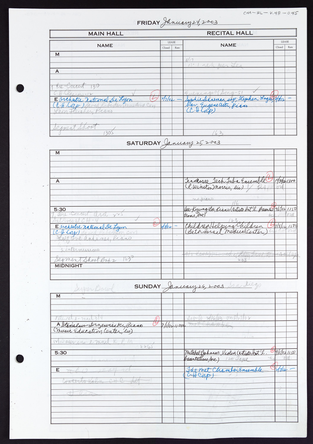 Carnegie Hall Booking Ledger, volume 48, page 45