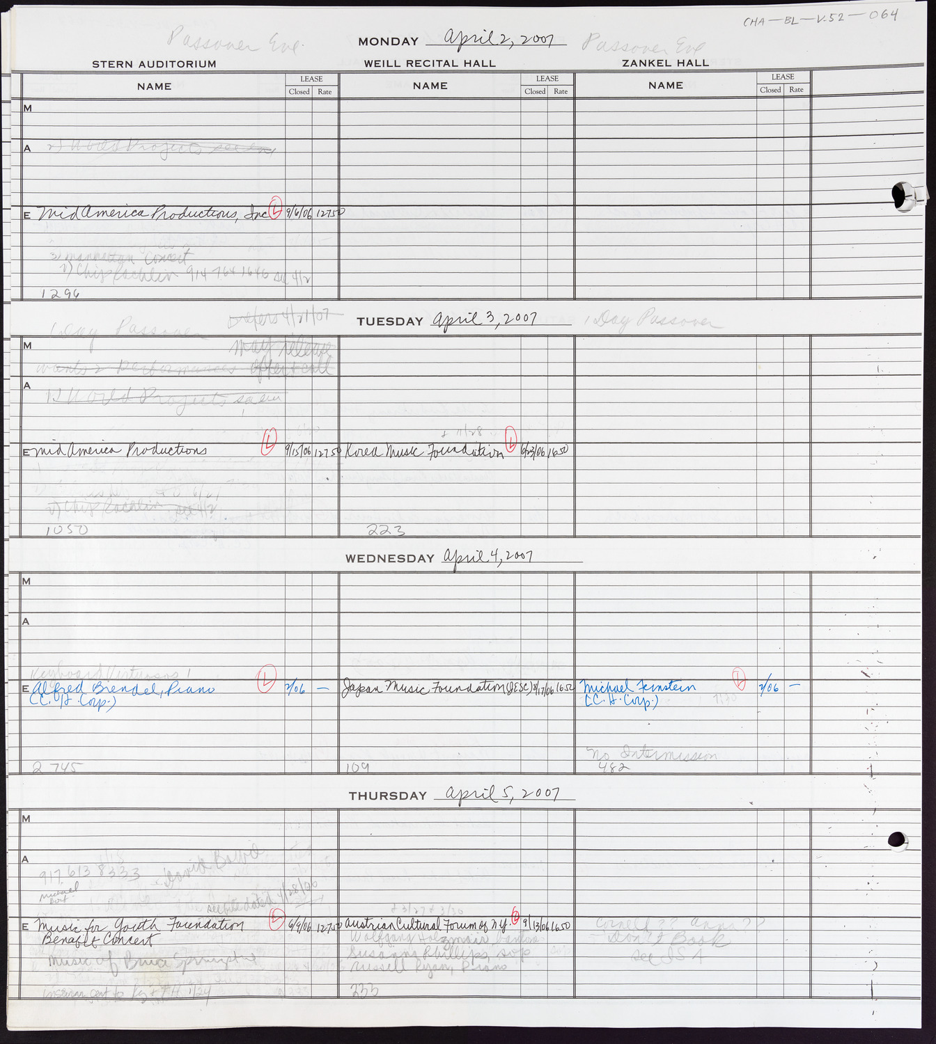 Carnegie Hall Booking Ledger, volume 52, page 64