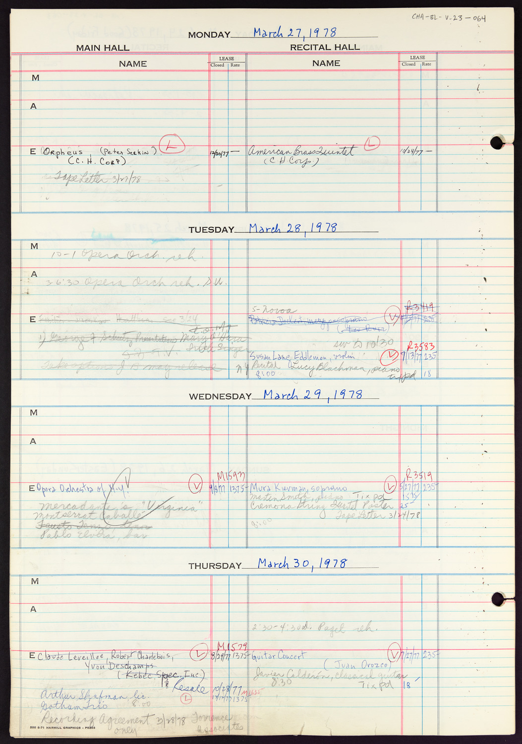 Carnegie Hall Booking Ledger, volume 23, page 64