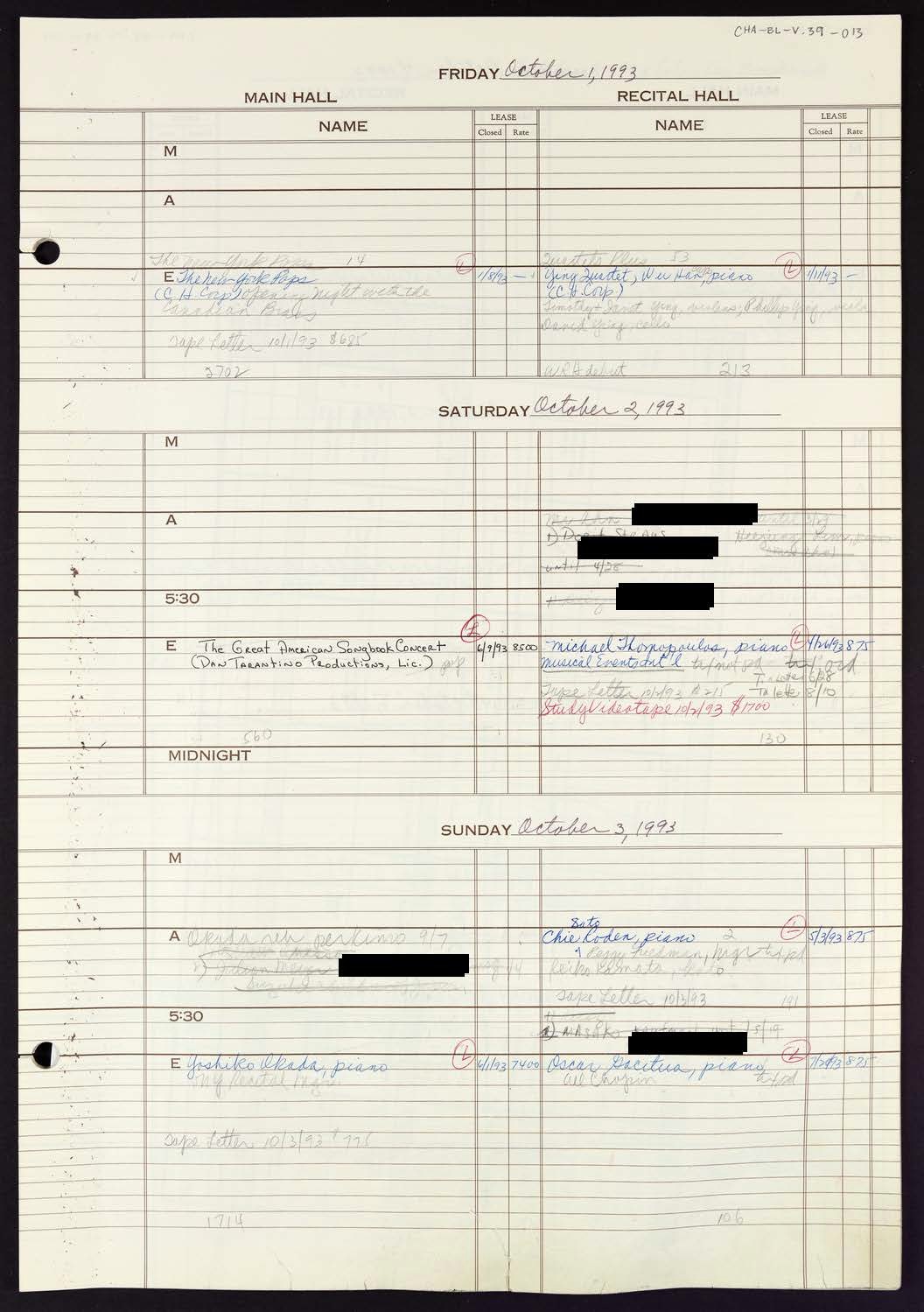 Carnegie Hall Booking Ledger, volume 39, page 13