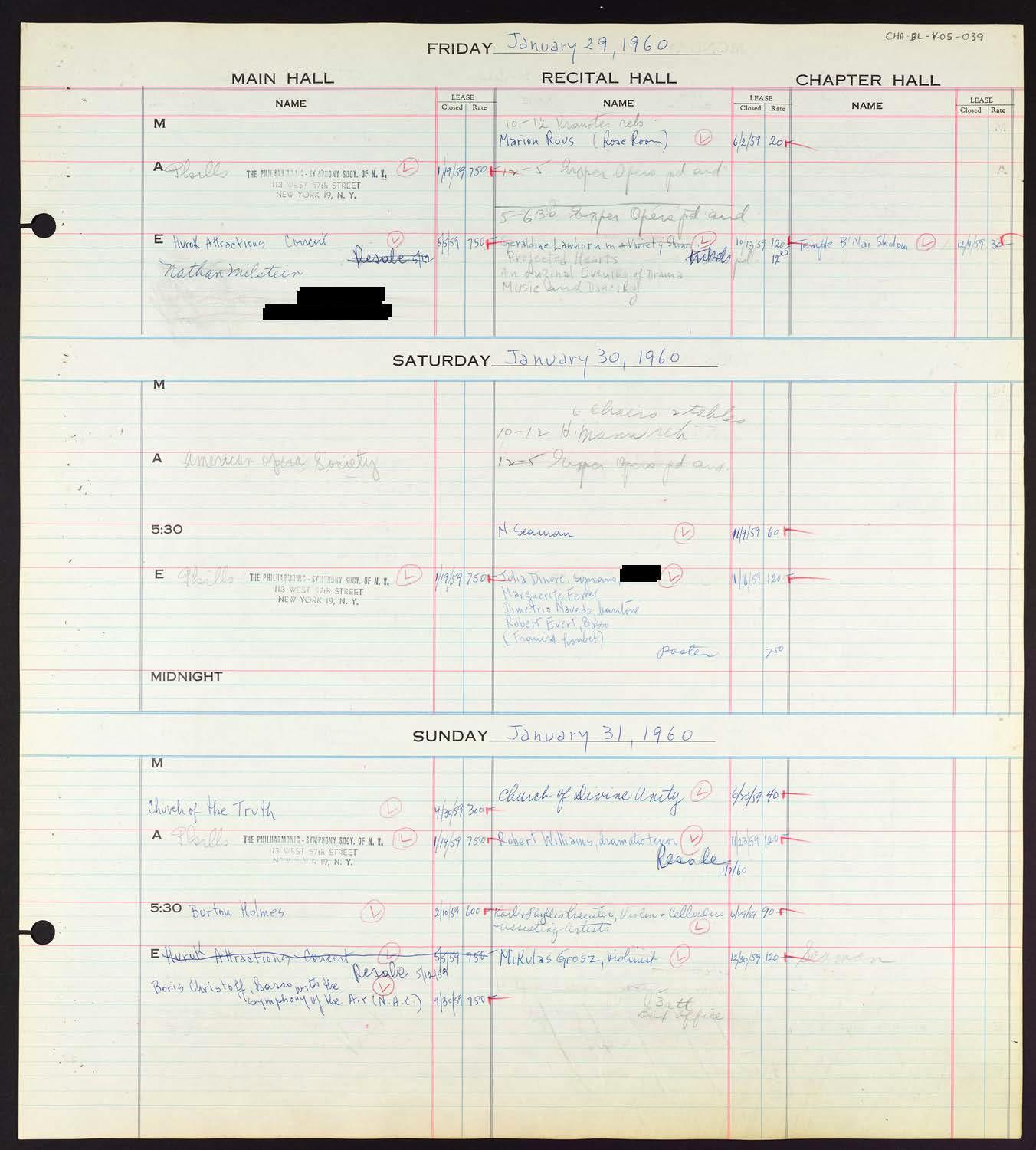 Carnegie Hall Booking Ledger, volume 5, page 39