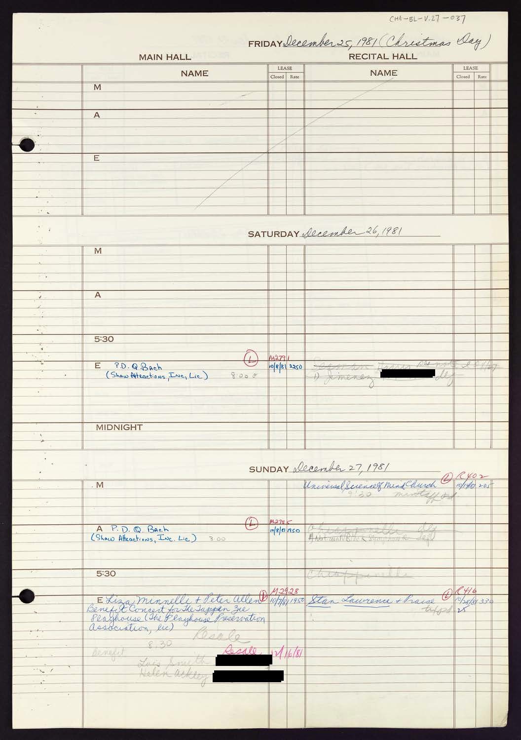 Carnegie Hall Booking Ledger, volume 27, page 37