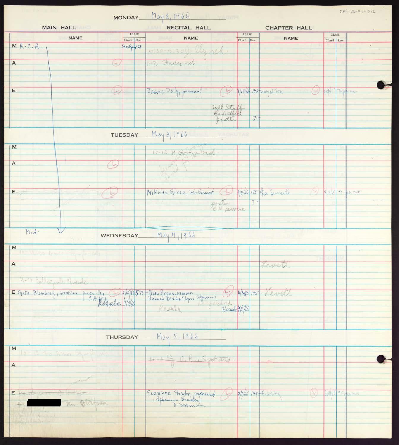 Carnegie Hall Booking Ledger, volume 11, page 72