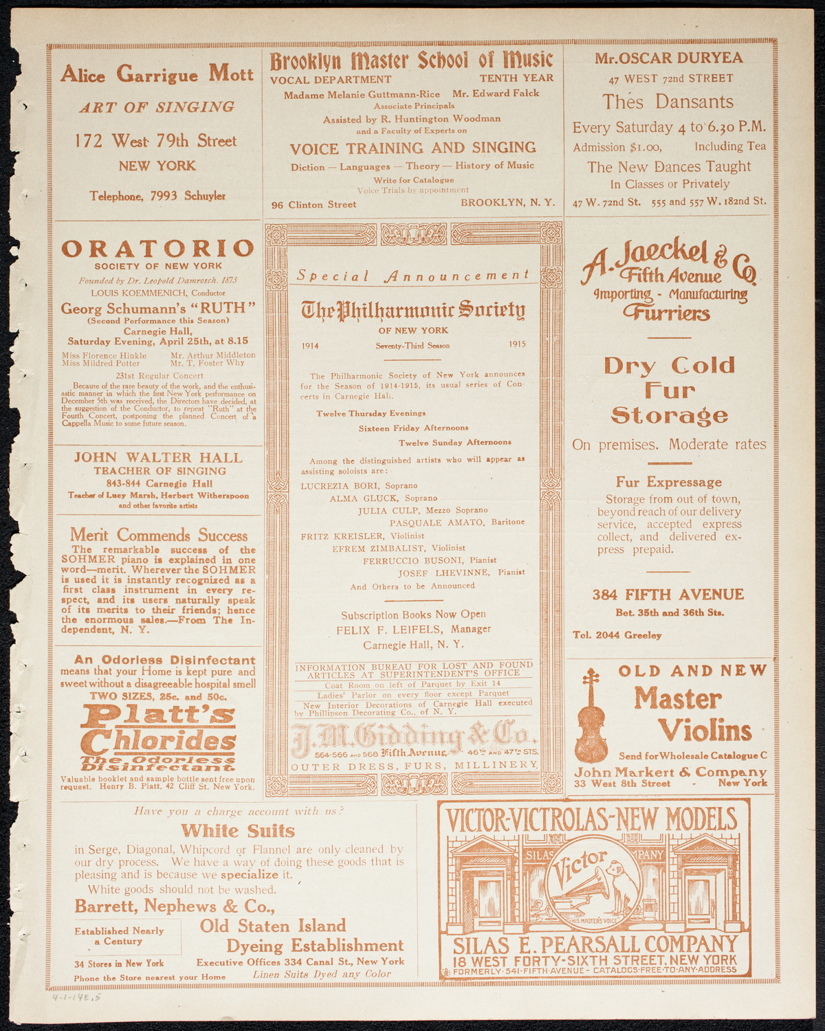 Schola Cantorum of New York, April 1, 1914, program page 9