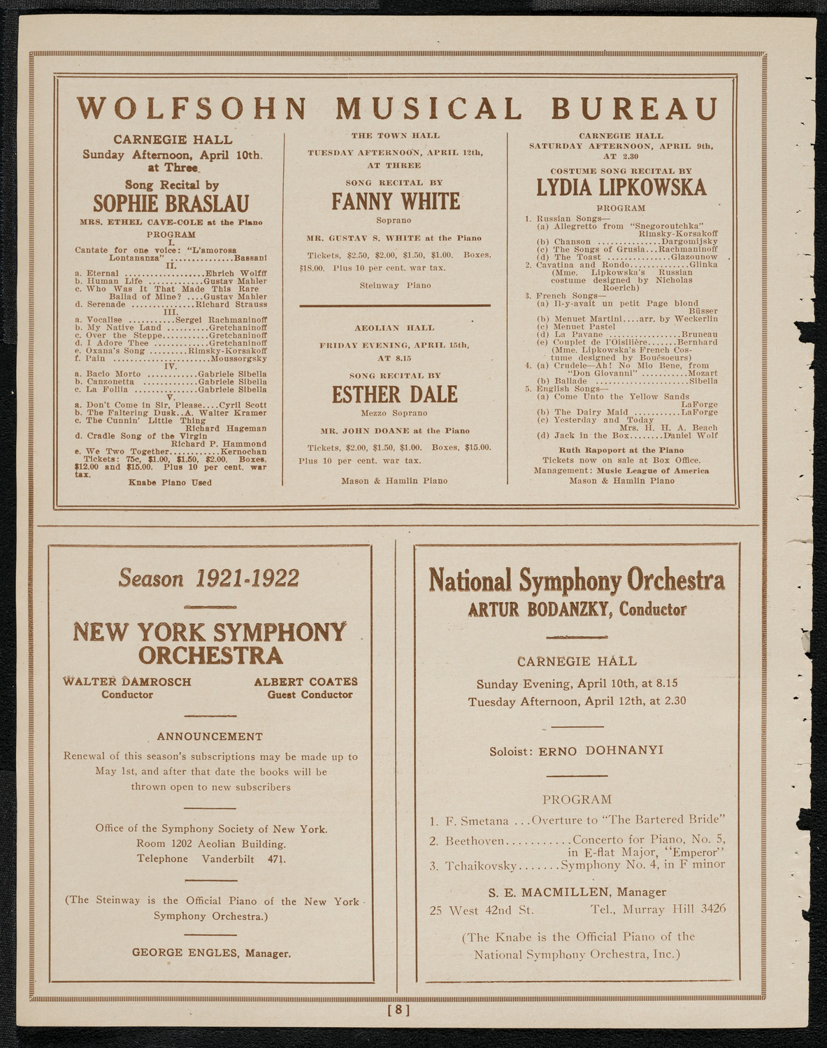 National Symphony Orchestra, April 6, 1921, program page 8