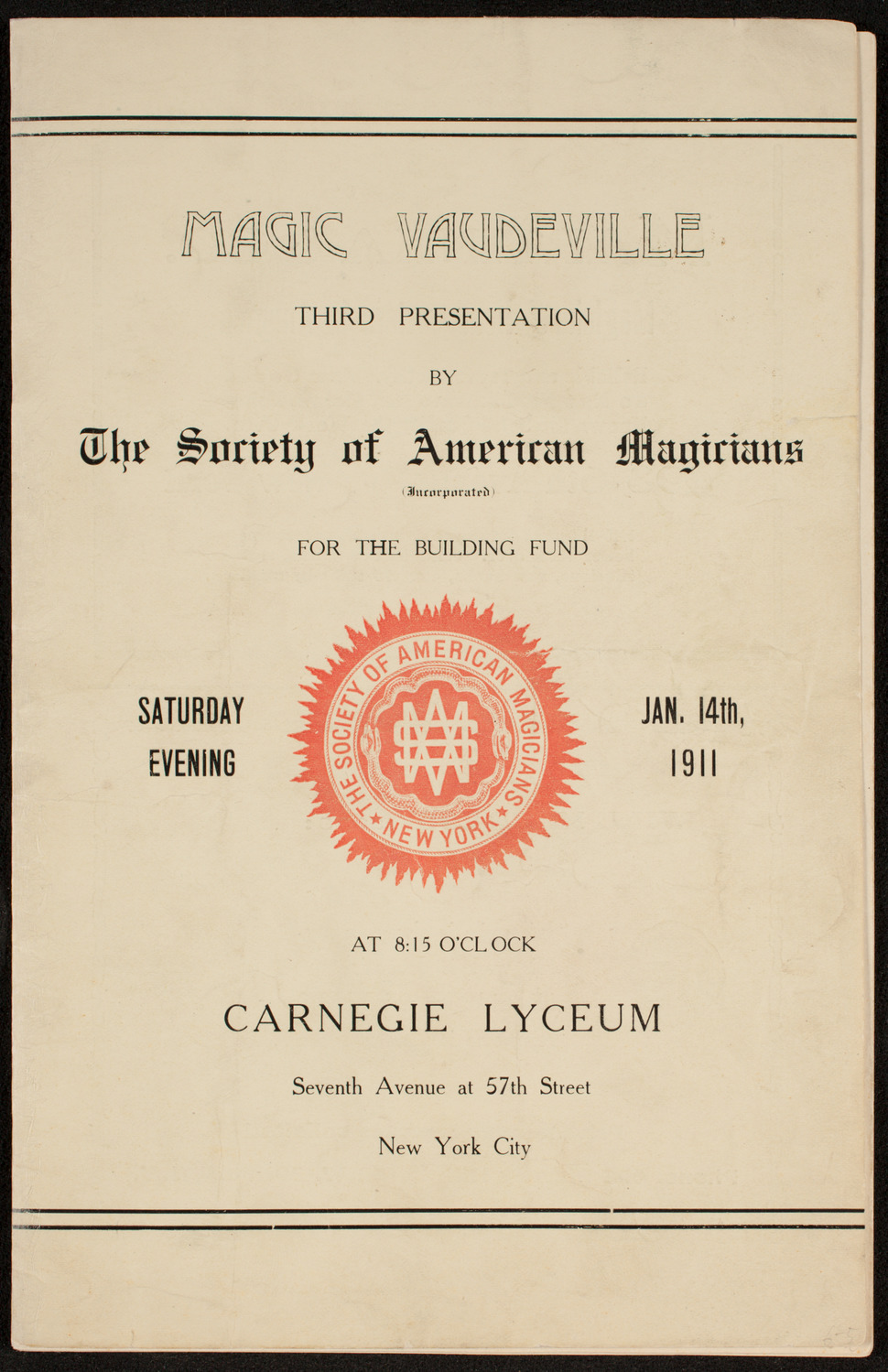 Society of American Magicians, January 14, 1911, program page 1