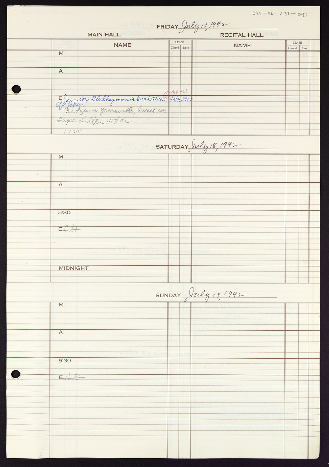 Carnegie Hall Booking Ledger, volume 37, page 95