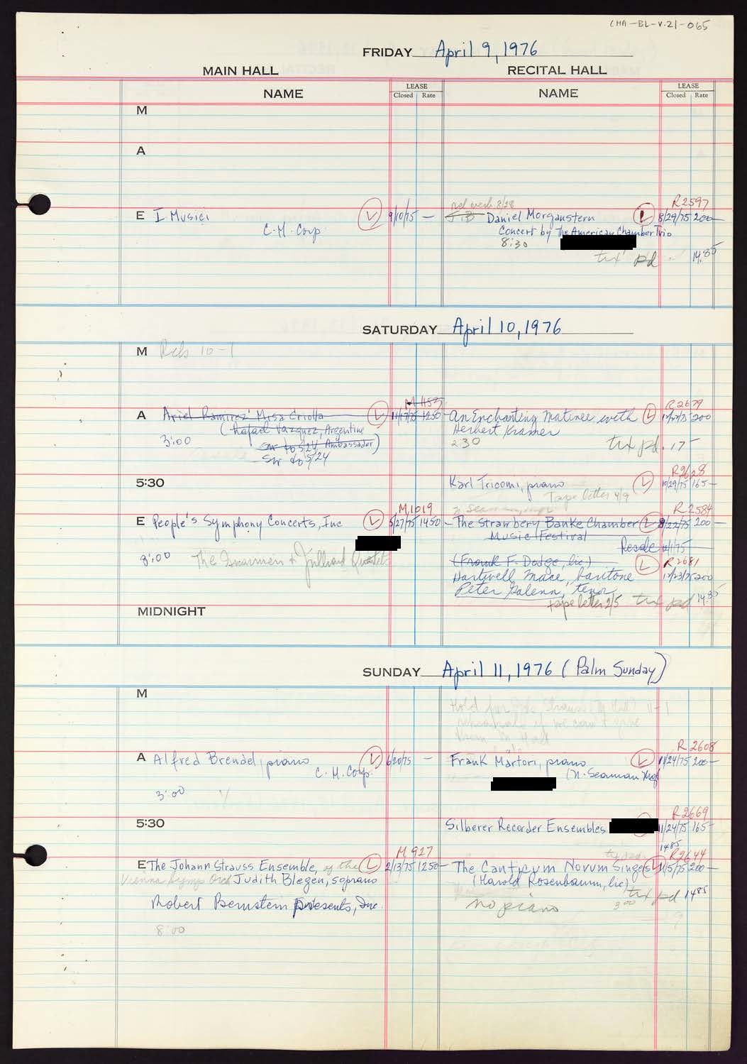 Carnegie Hall Booking Ledger, volume 21, page 65