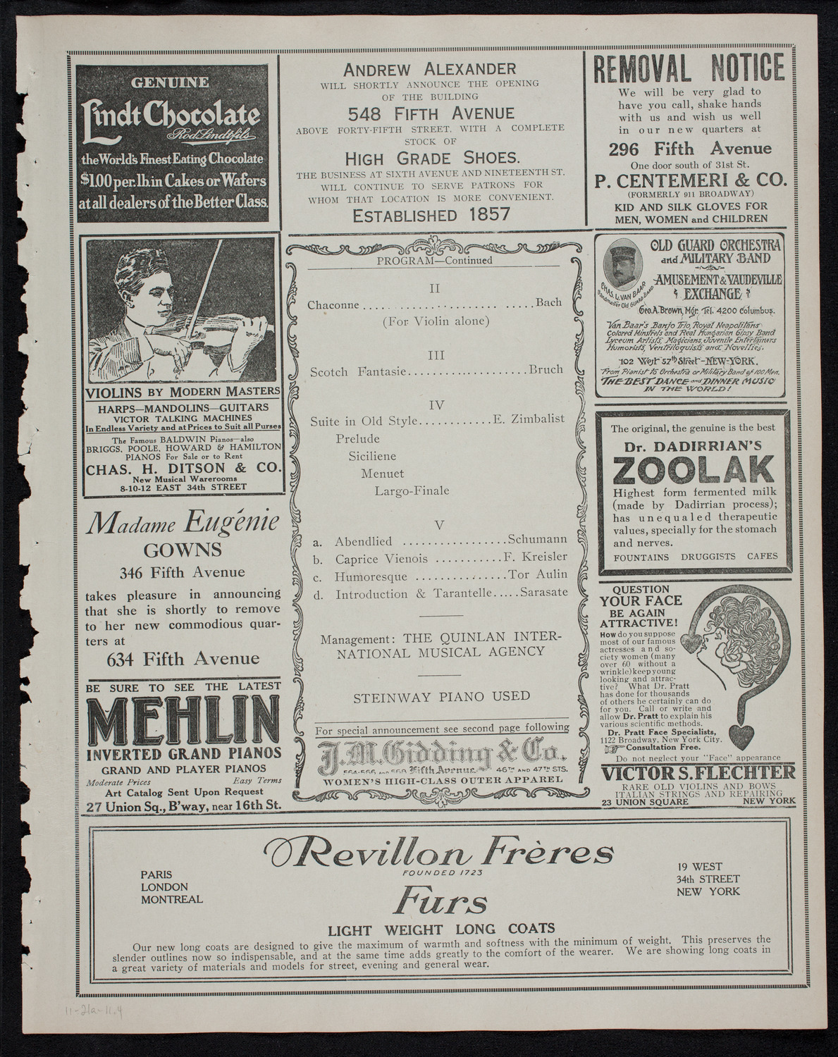 Efrem Zimbalist, Violin, November 21, 1911, program page 7