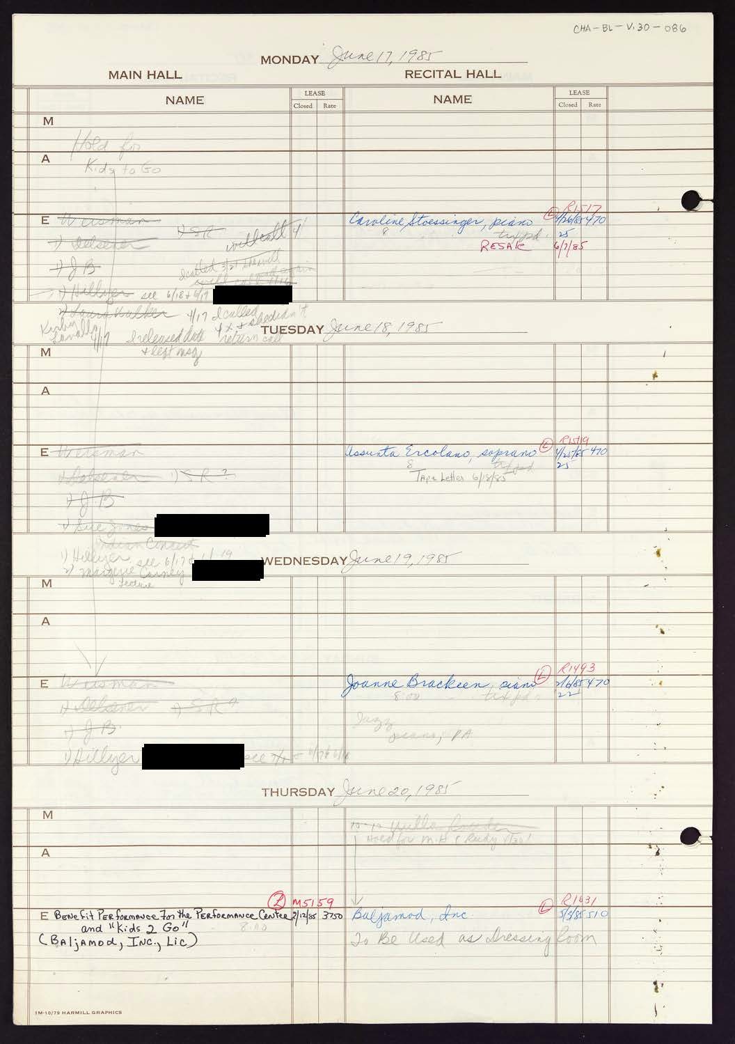 Carnegie Hall Booking Ledger, volume 30, page 86