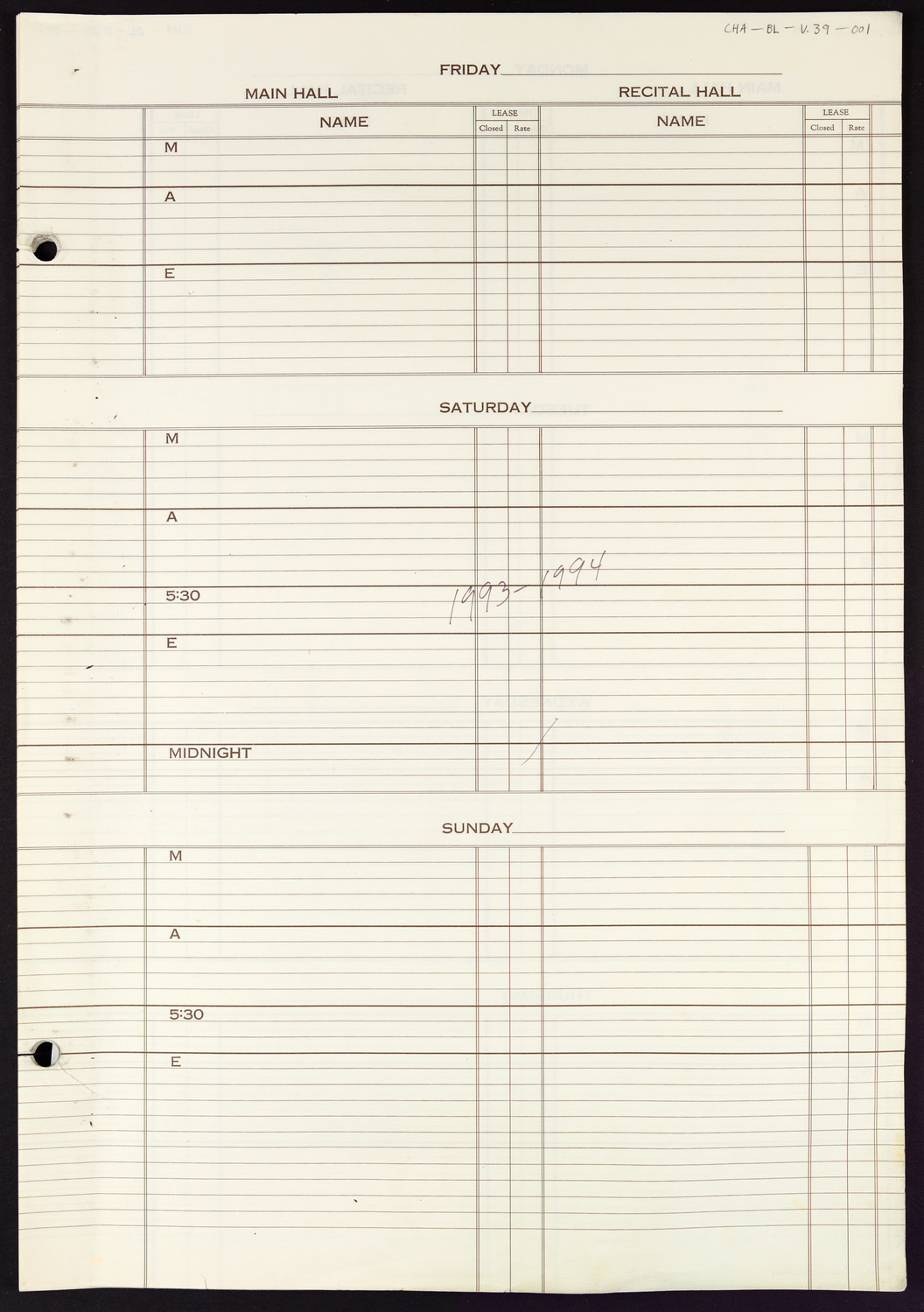 Carnegie Hall Booking Ledger, volume 39, page 1