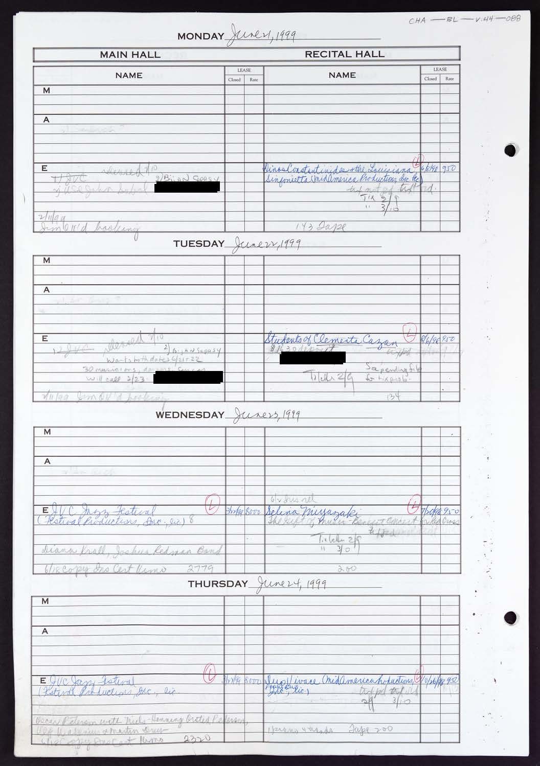 Carnegie Hall Booking Ledger, volume 44, page 88