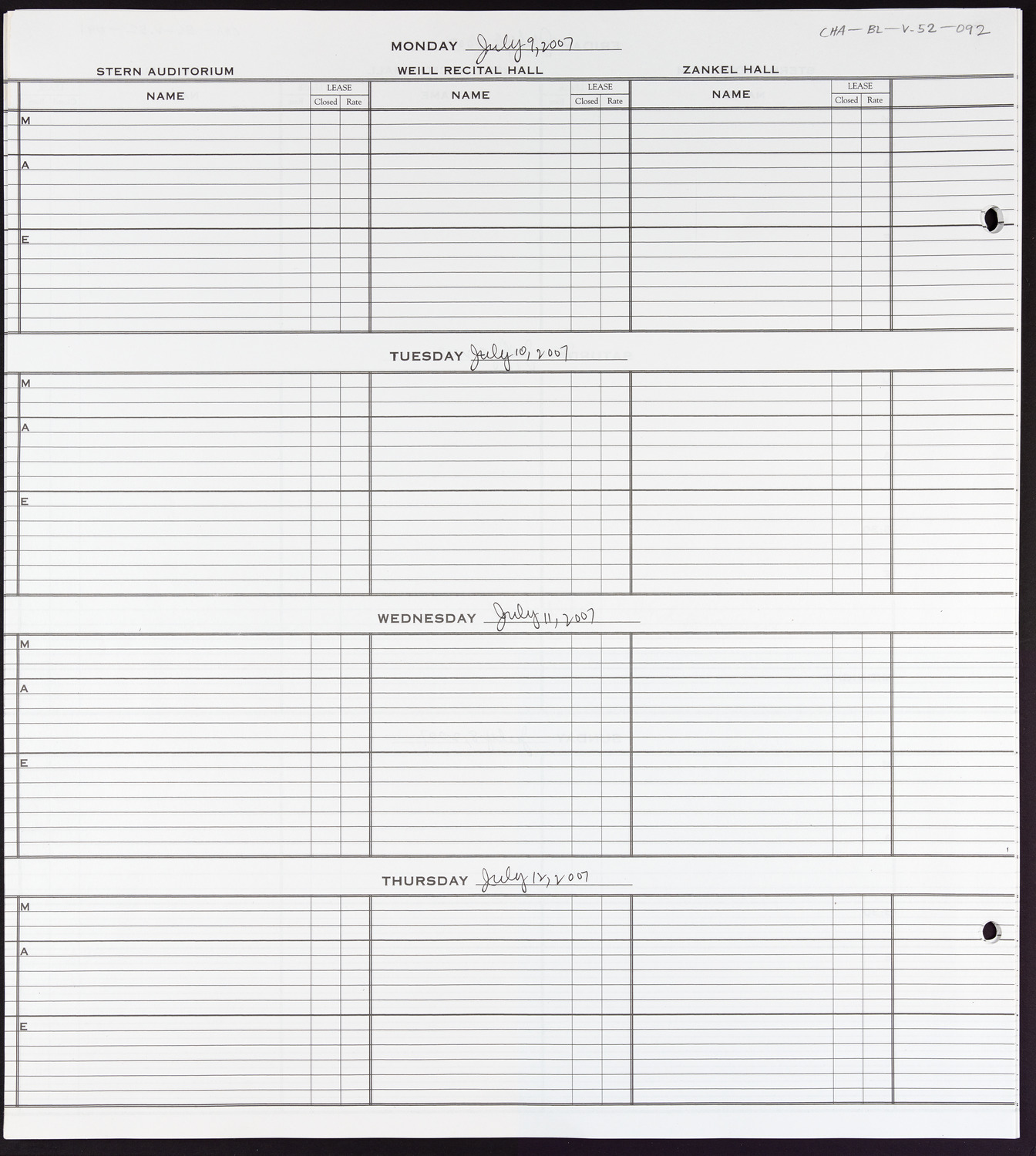 Carnegie Hall Booking Ledger, volume 52, page 92