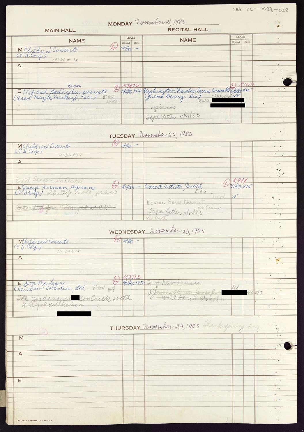 Carnegie Hall Booking Ledger, volume 29, page 28