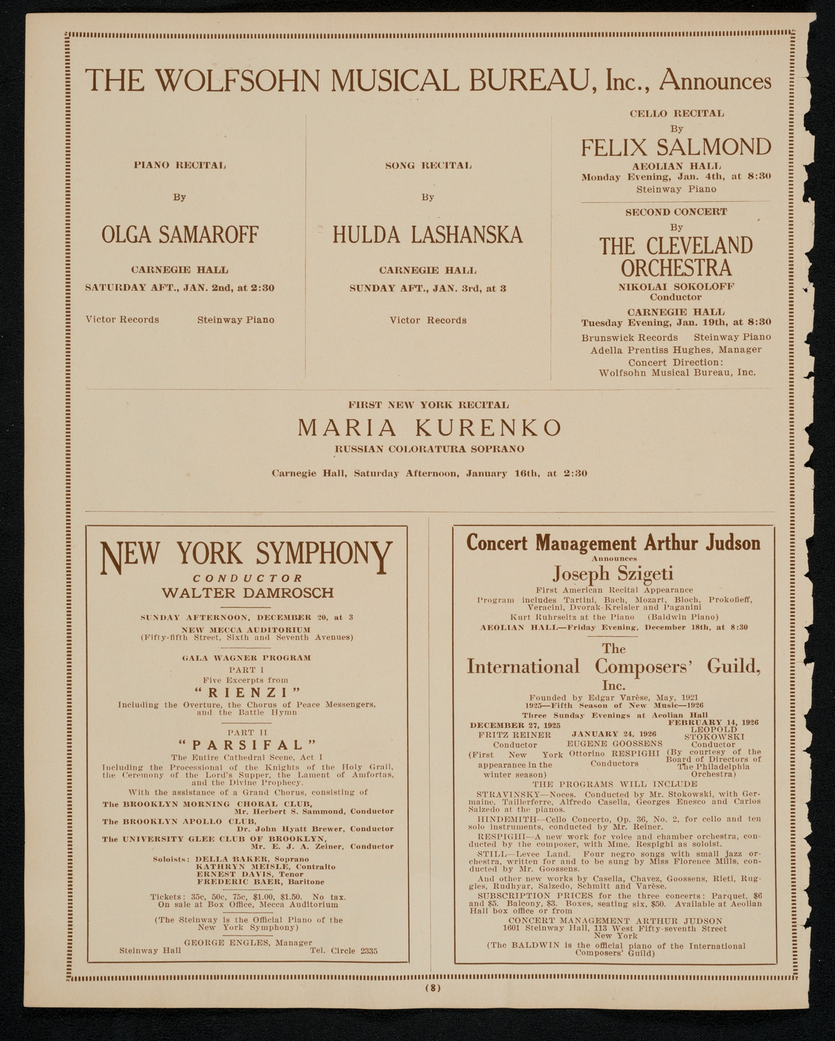 New York Philharmonic, December 18, 1925, program page 8