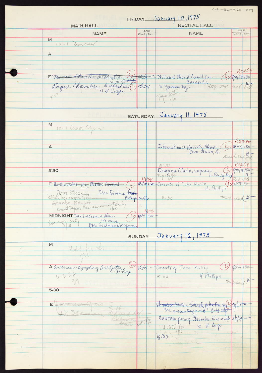 Carnegie Hall Booking Ledger, volume 20, page 39