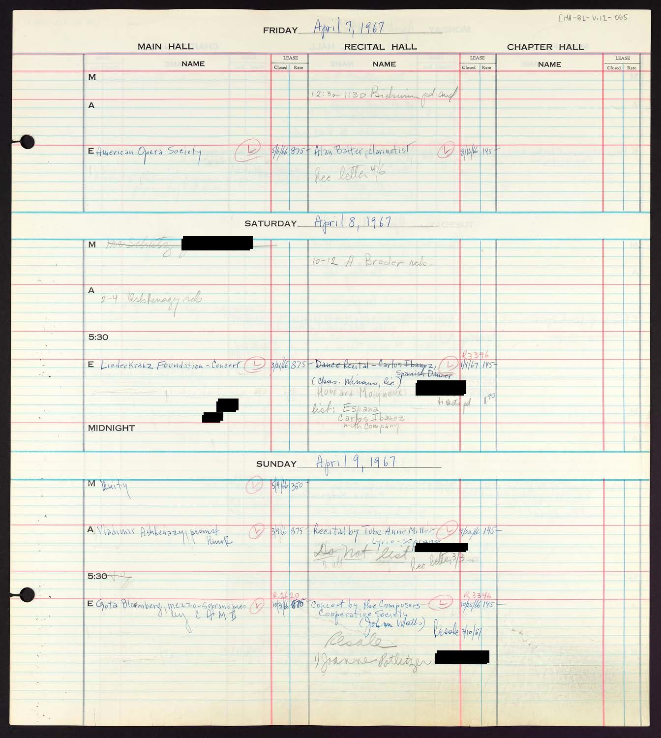 Carnegie Hall Booking Ledger, volume 12, page 65