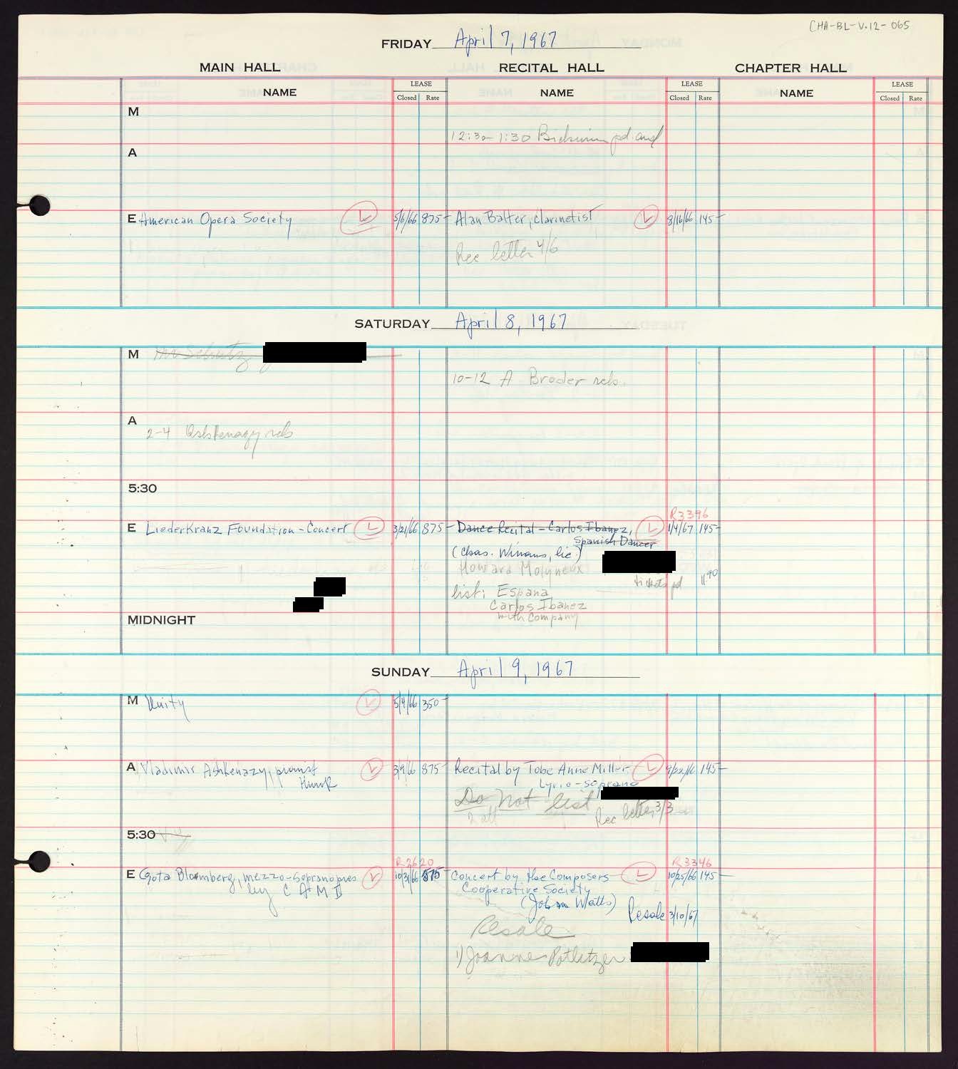 Carnegie Hall Booking Ledger, volume 12, page 65