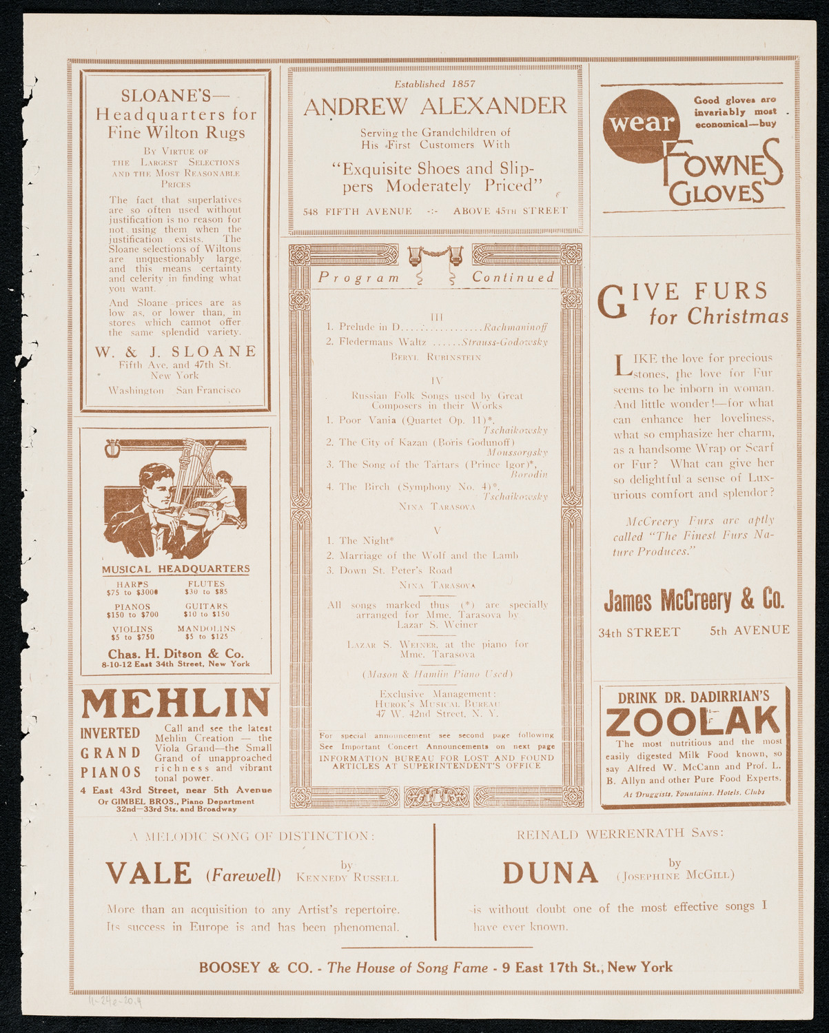 Nina Tarasova, Folk Singer, November 24, 1920, program page 7