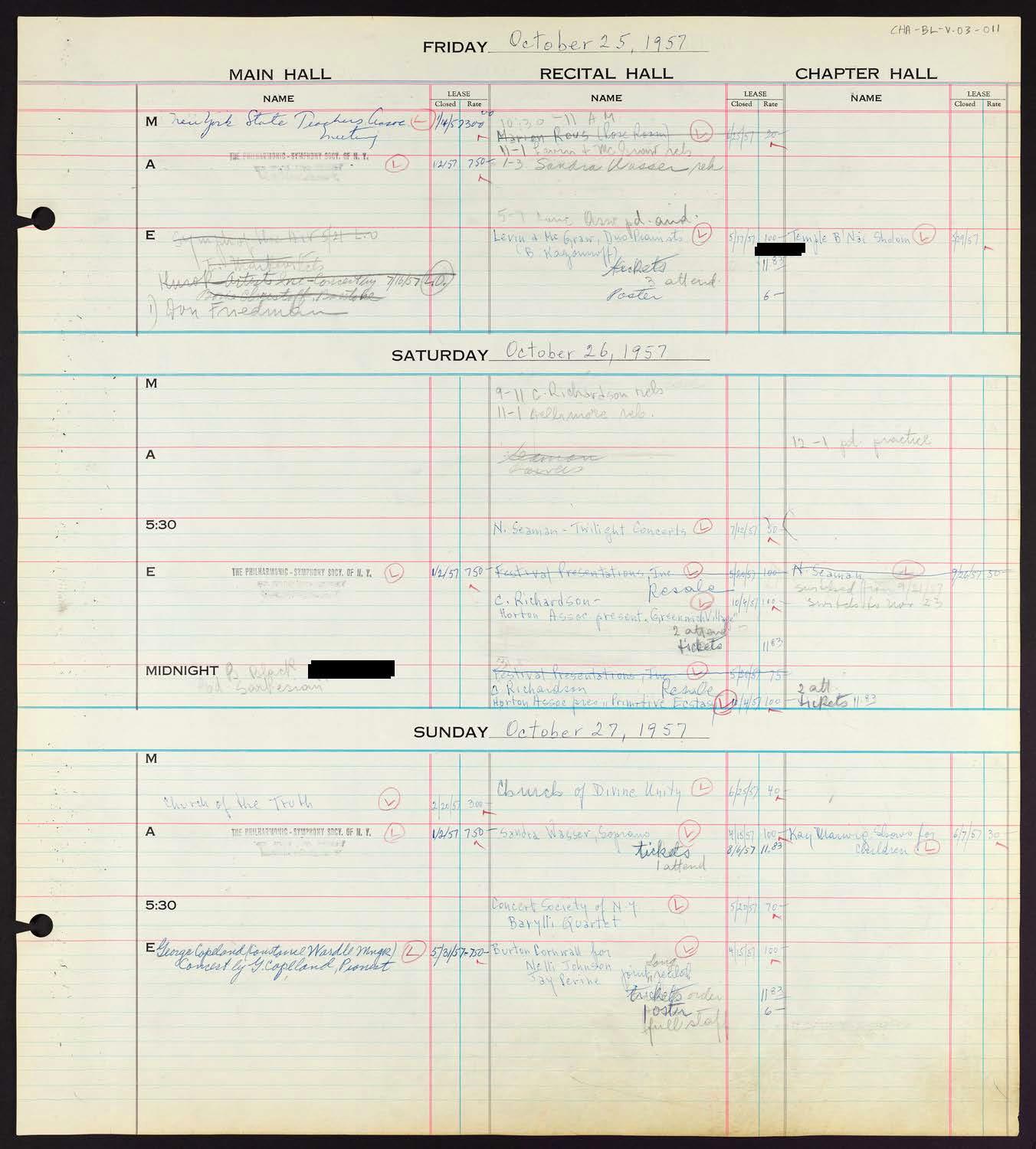 Carnegie Hall Booking Ledger, volume 3, page 11