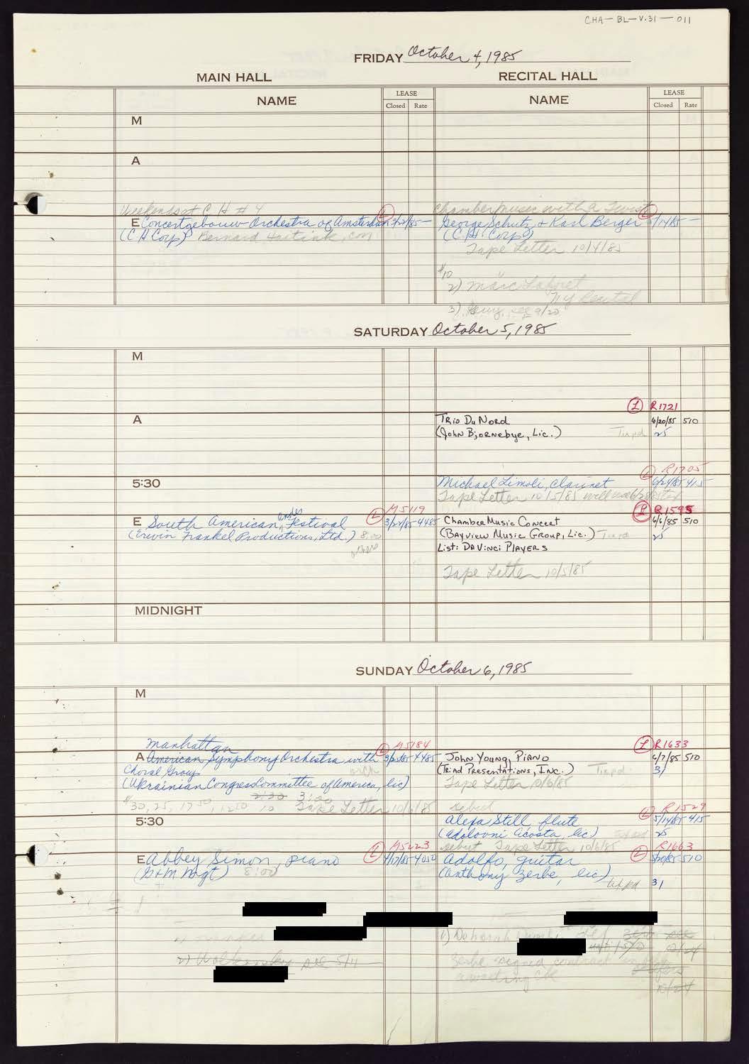 Carnegie Hall Booking Ledger, volume 31, page 11