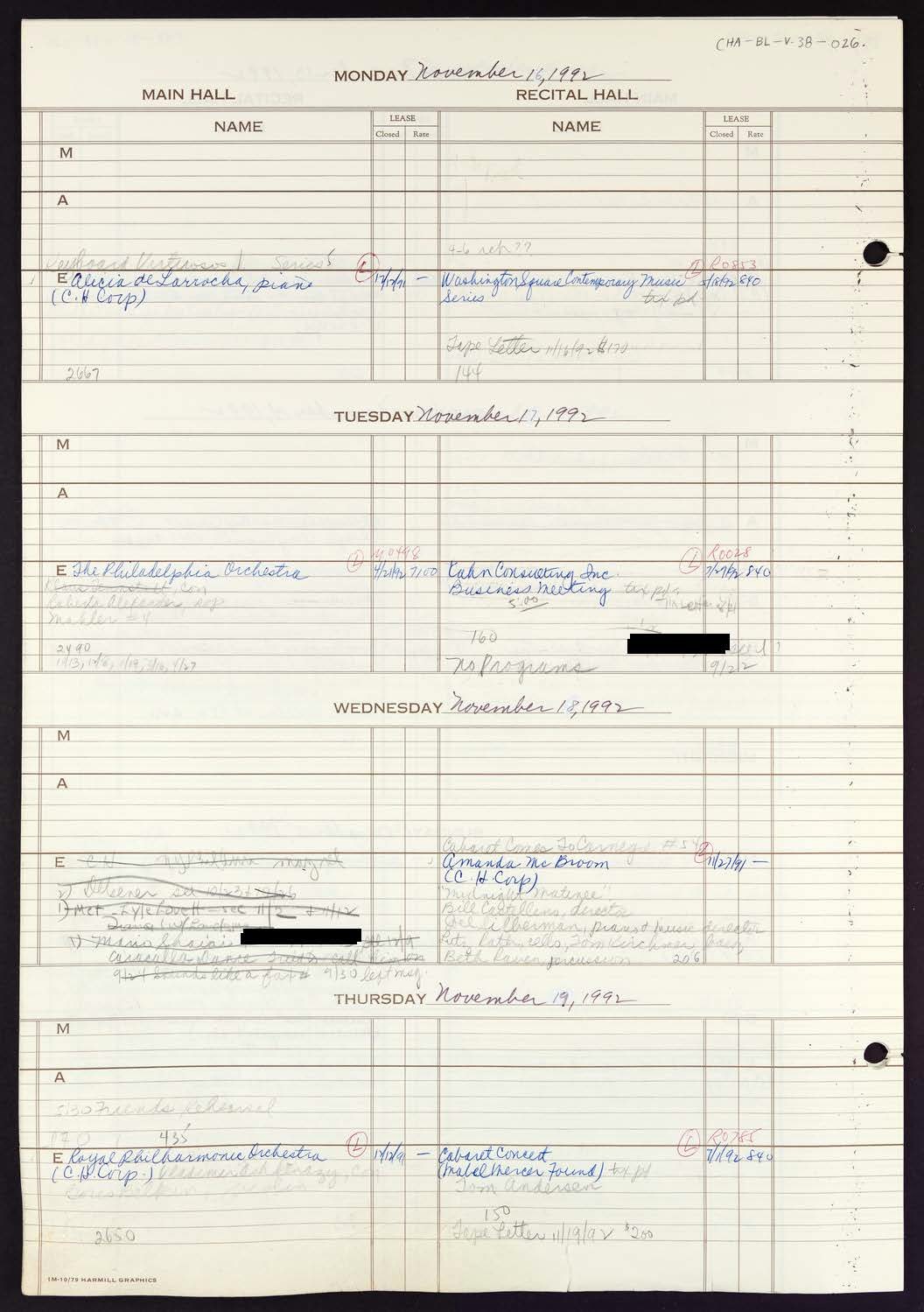 Carnegie Hall Booking Ledger, volume 38, page 26