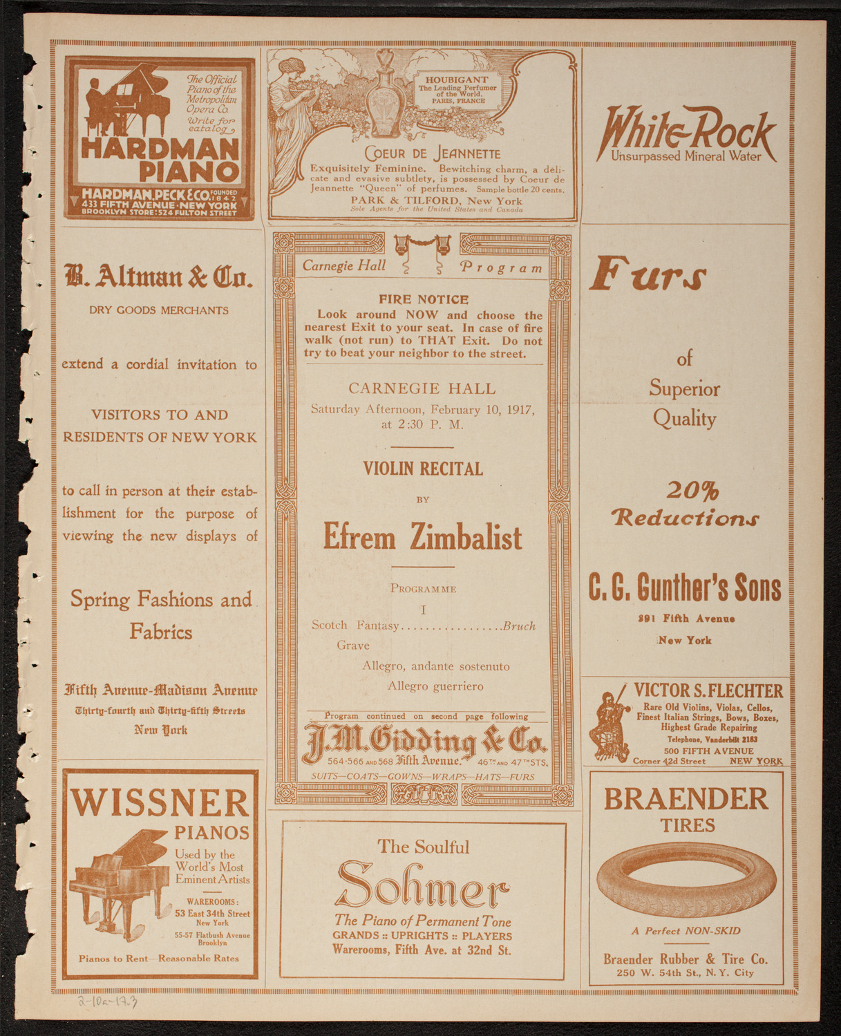 Efrem Zimbalist, Violin, February 10, 1917, program page 5