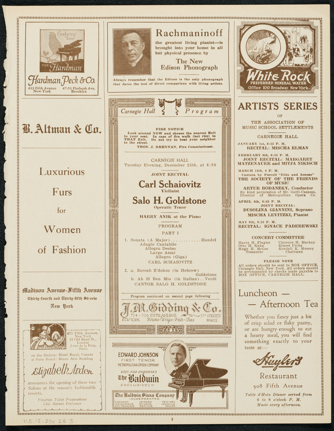 Carl Schaiovitz and Salo H. Goldstone, December 25, 1923, program page 5
