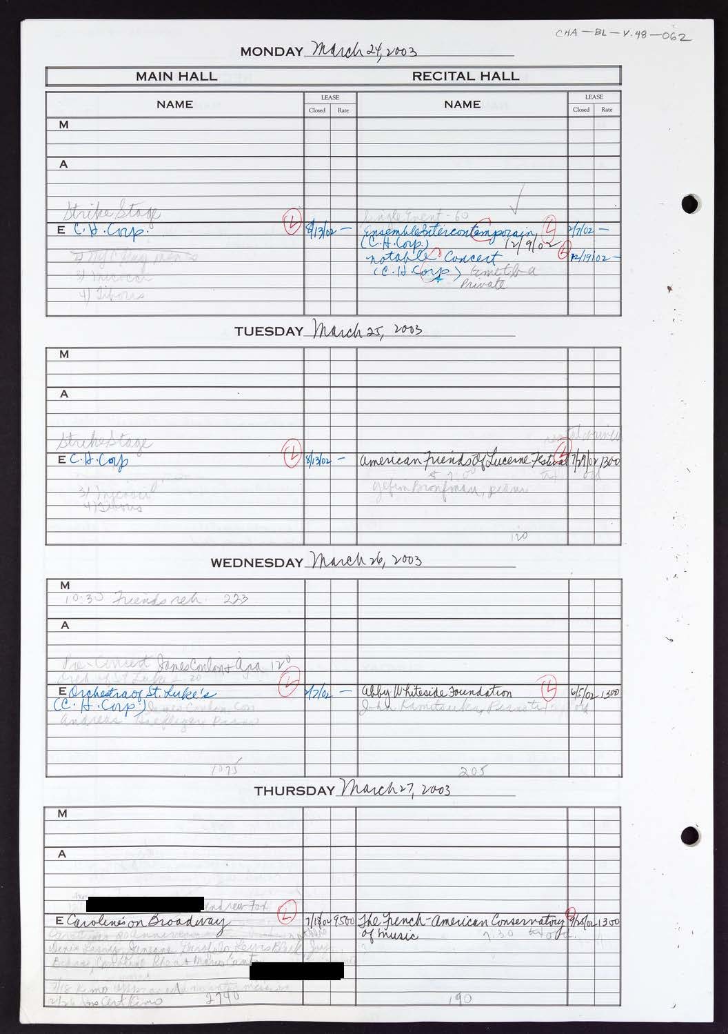 Carnegie Hall Booking Ledger, volume 48, page 62