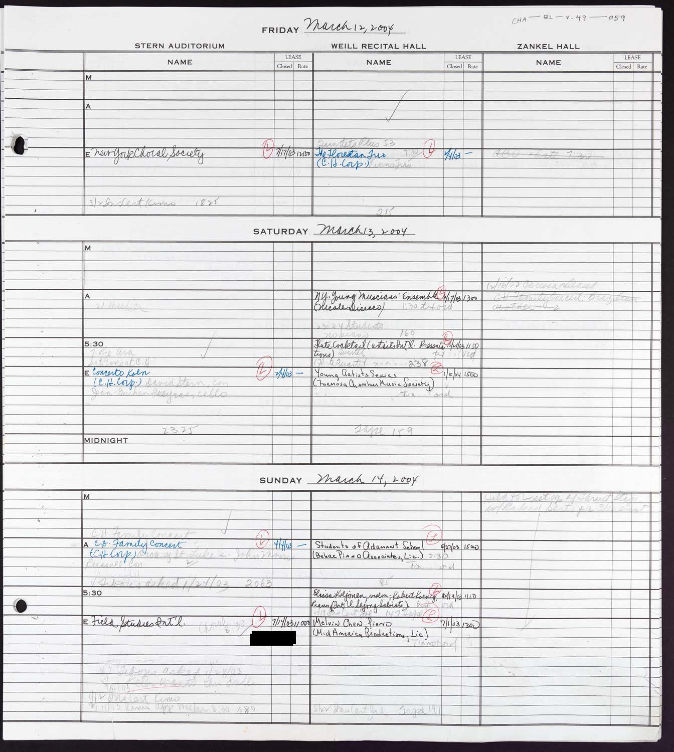 Carnegie Hall Booking Ledger, volume 49, page 59