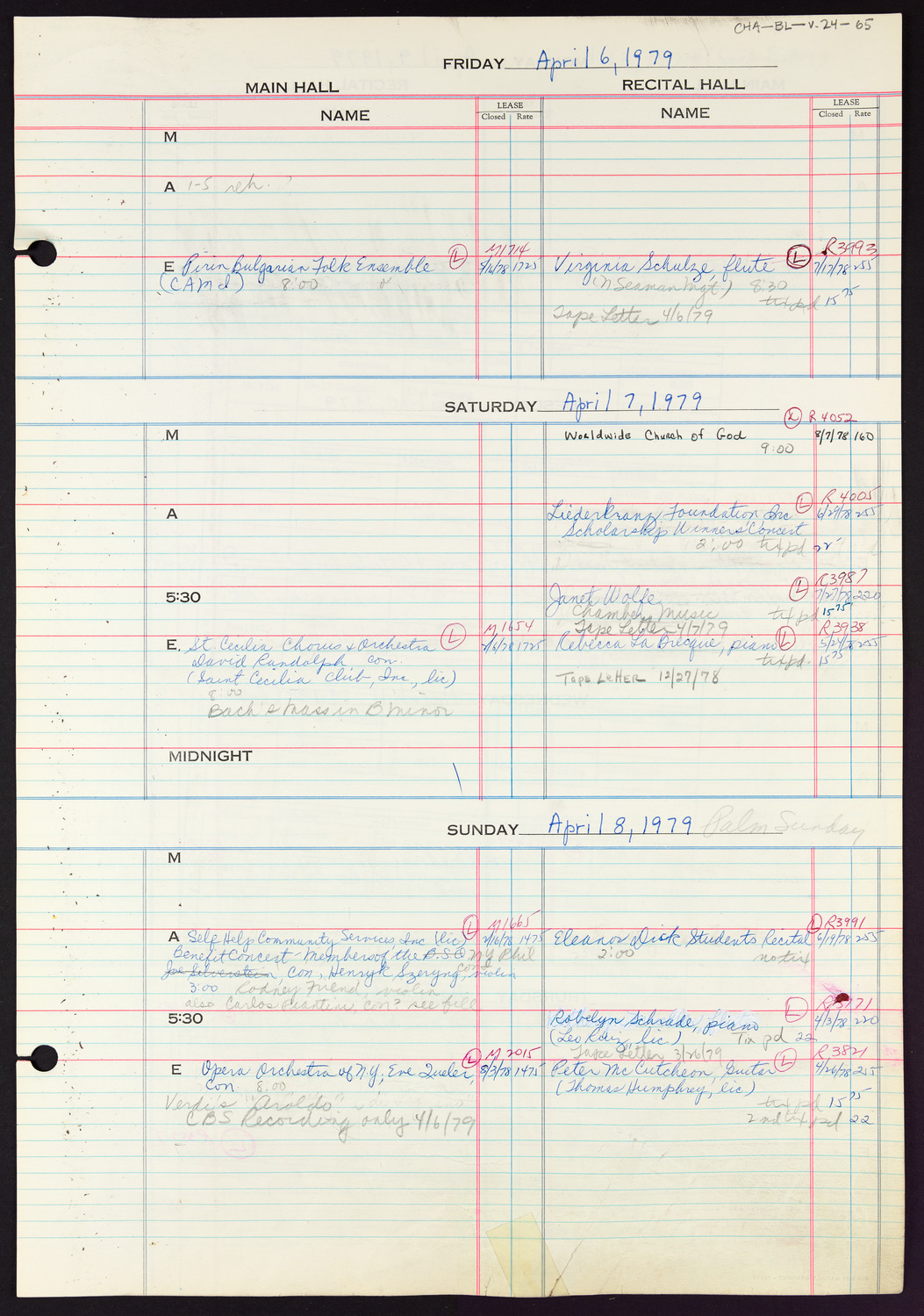 Carnegie Hall Booking Ledger, volume 24, page 65