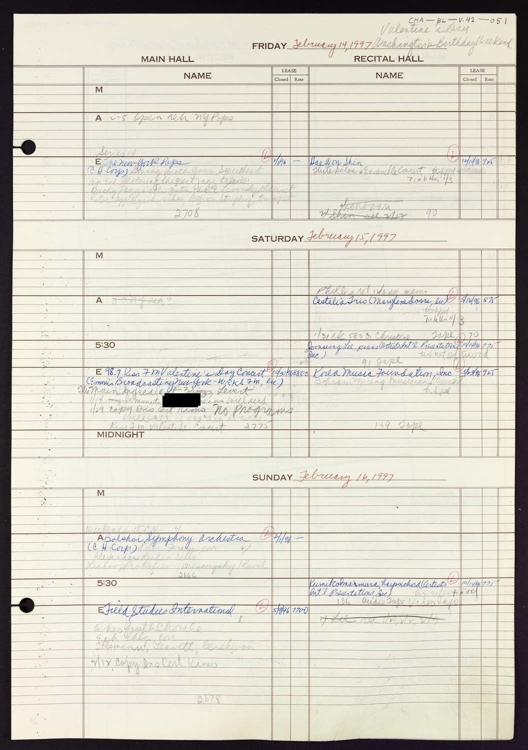 Carnegie Hall Booking Ledger, volume 42, page 51