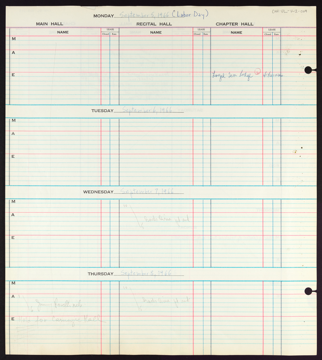 Carnegie Hall Booking Ledger, volume 12, page 4