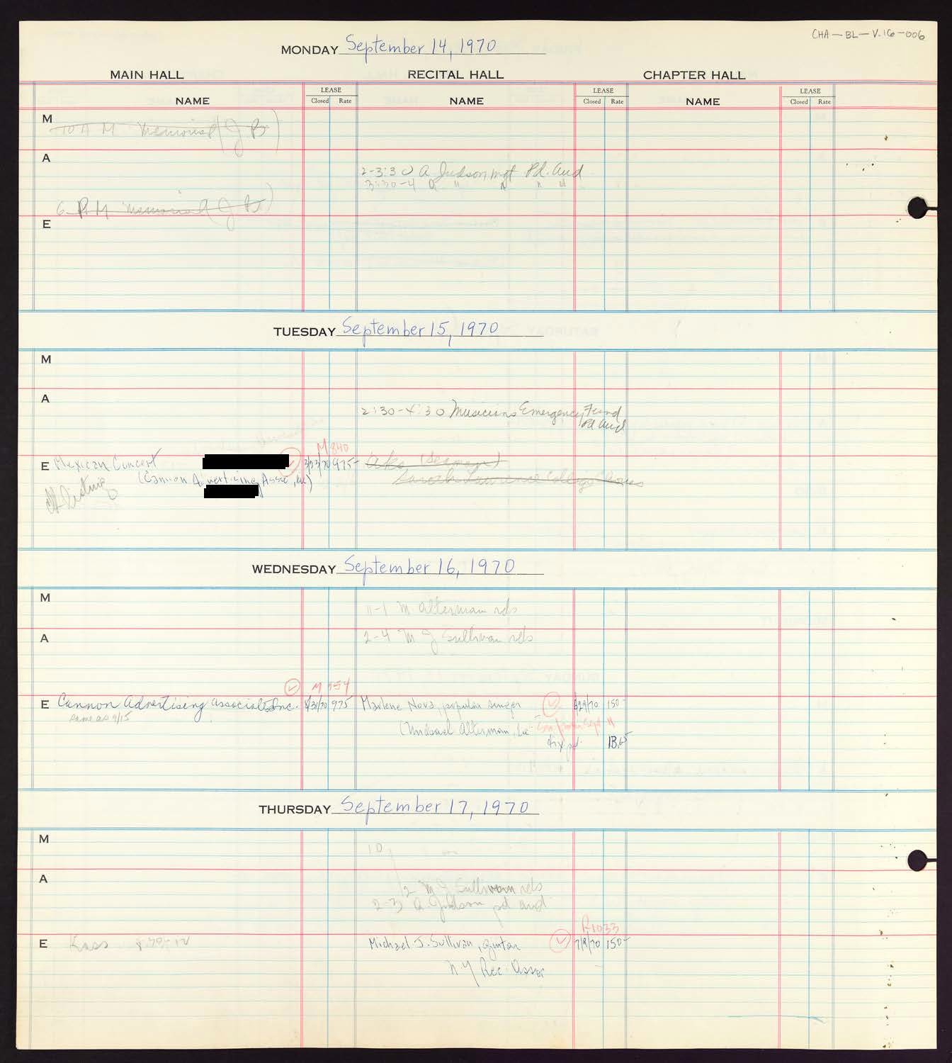 Carnegie Hall Booking Ledger, volume 16, page 6