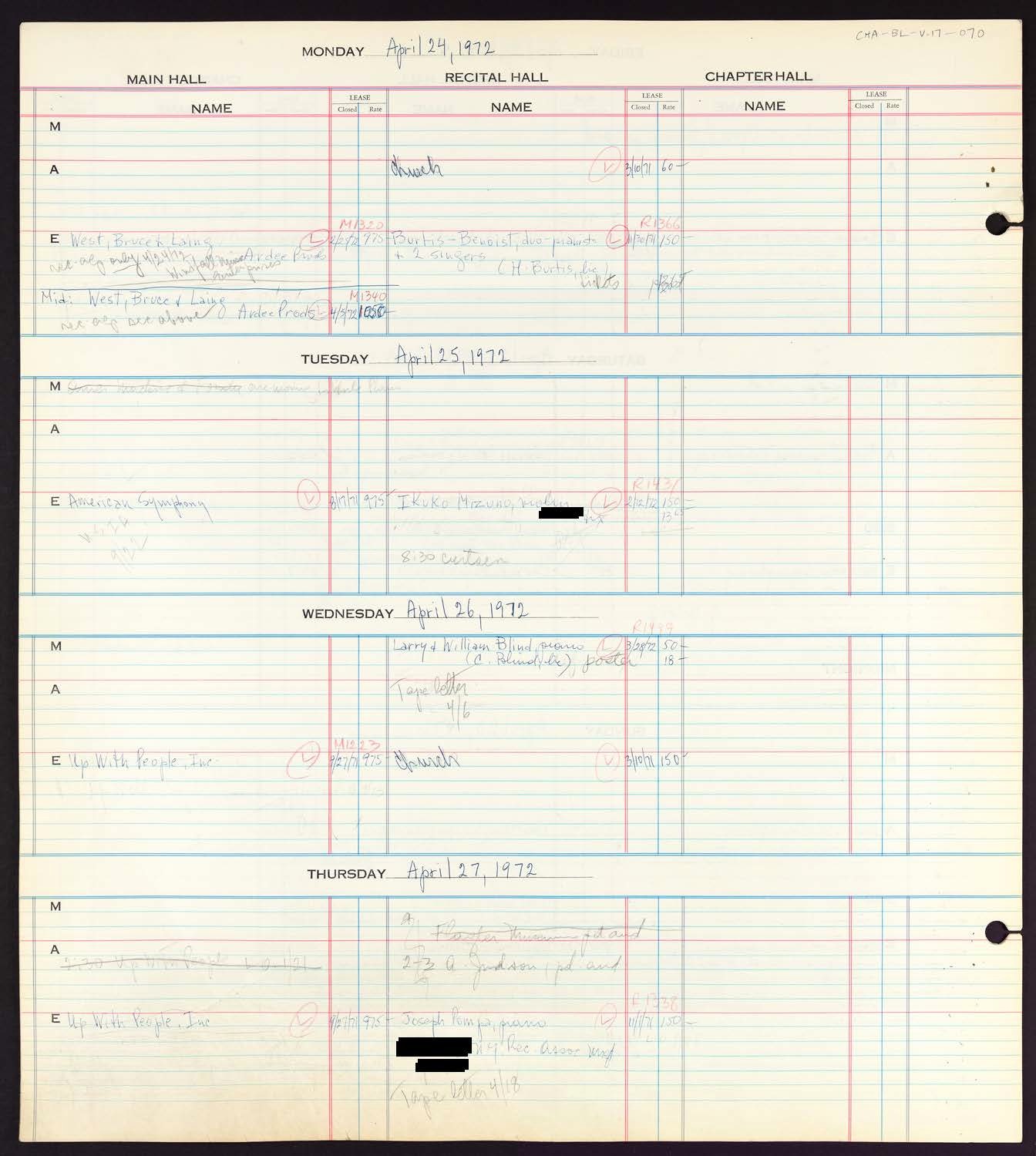 Carnegie Hall Booking Ledger, volume 17, page 70