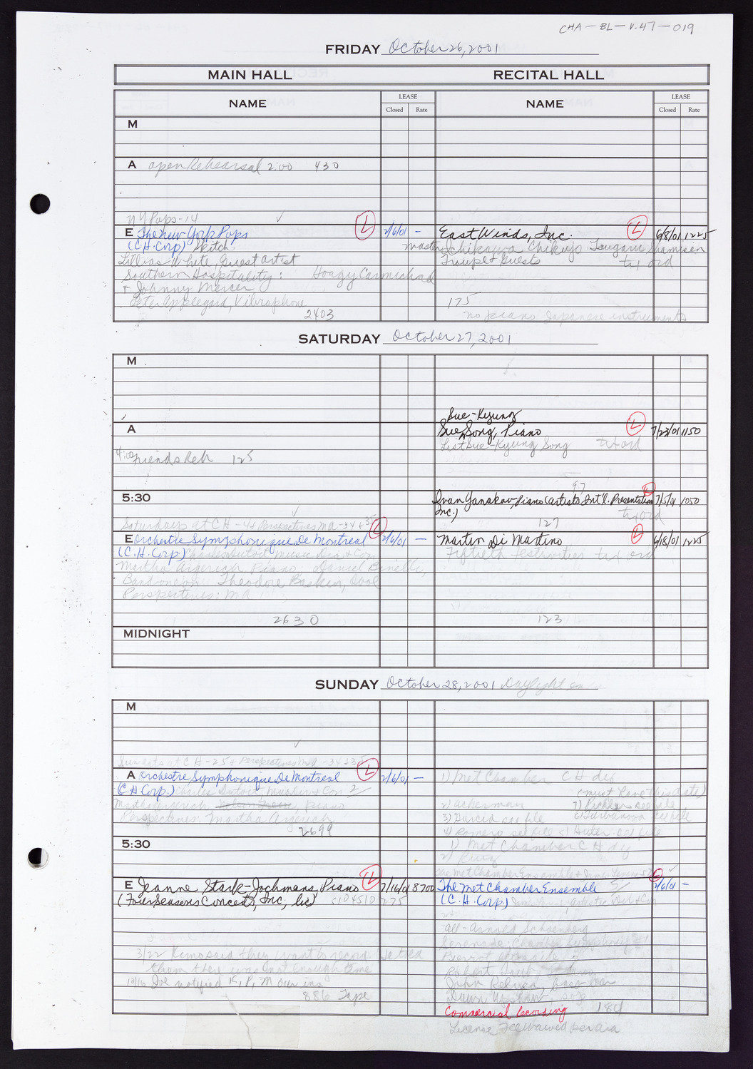 Carnegie Hall Booking Ledger, volume 47, page 19