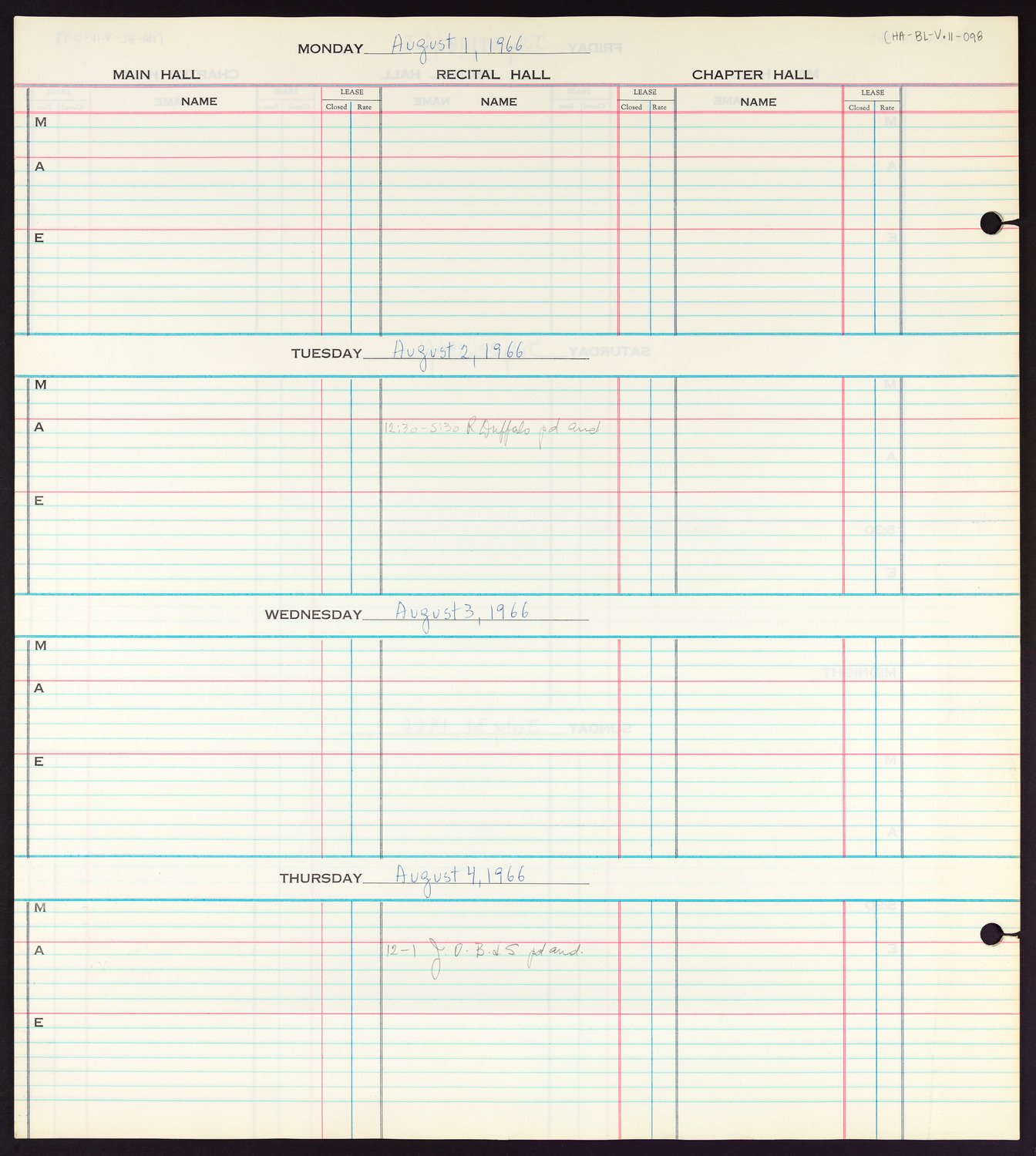 Carnegie Hall Booking Ledger, volume 11, page 98