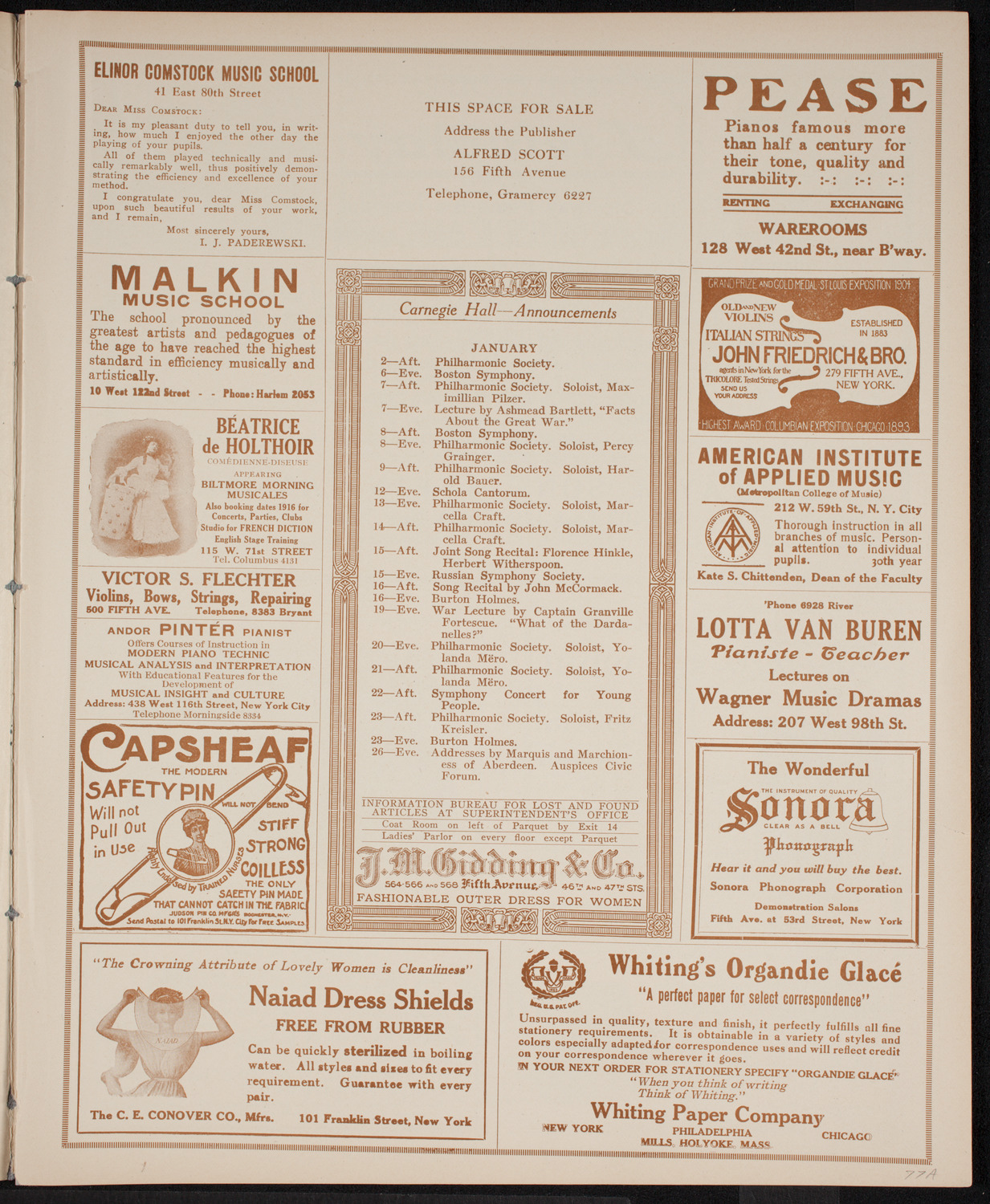 Fritz Kreisler, Violin, January 1, 1916, program page 3