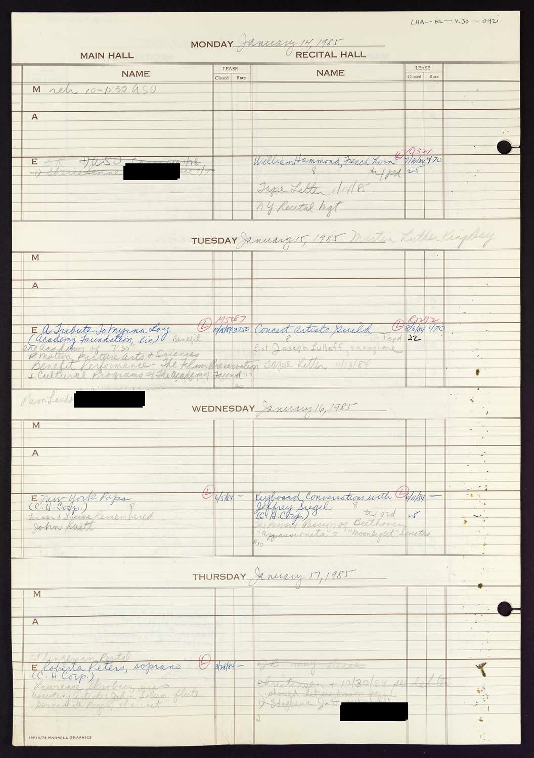 Carnegie Hall Booking Ledger, volume 30, page 42