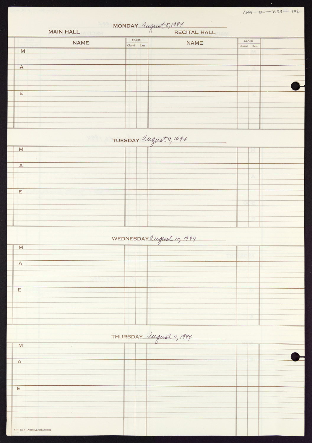 Carnegie Hall Booking Ledger, volume 39, page 102