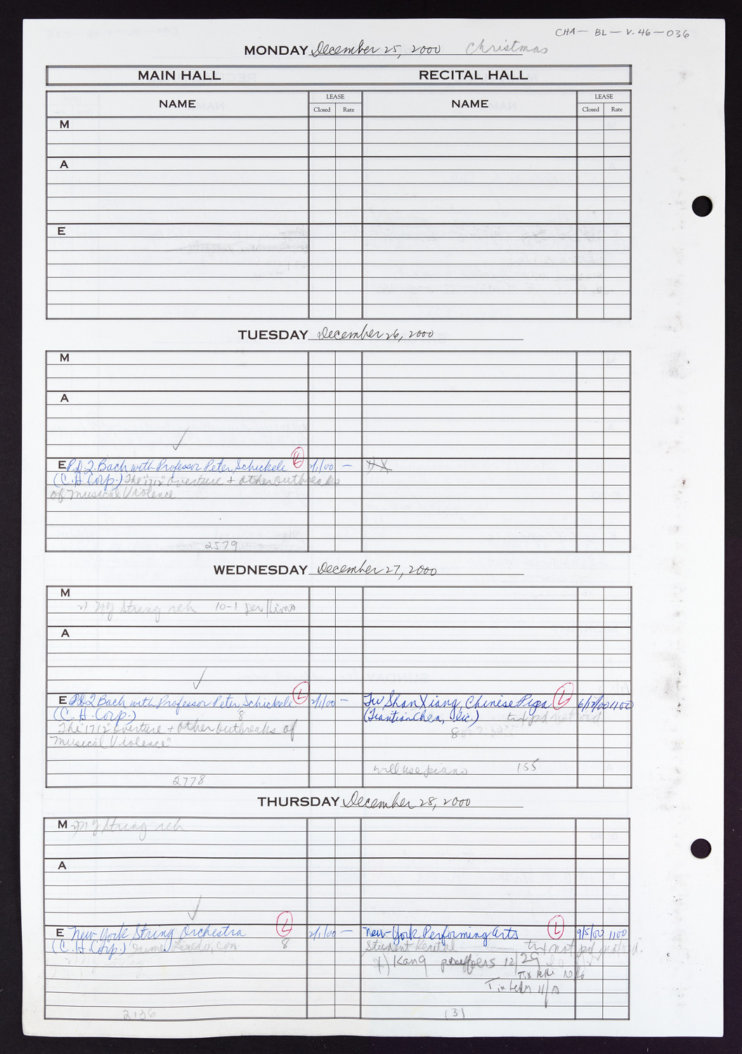 Carnegie Hall Booking Ledger, volume 46, page 36