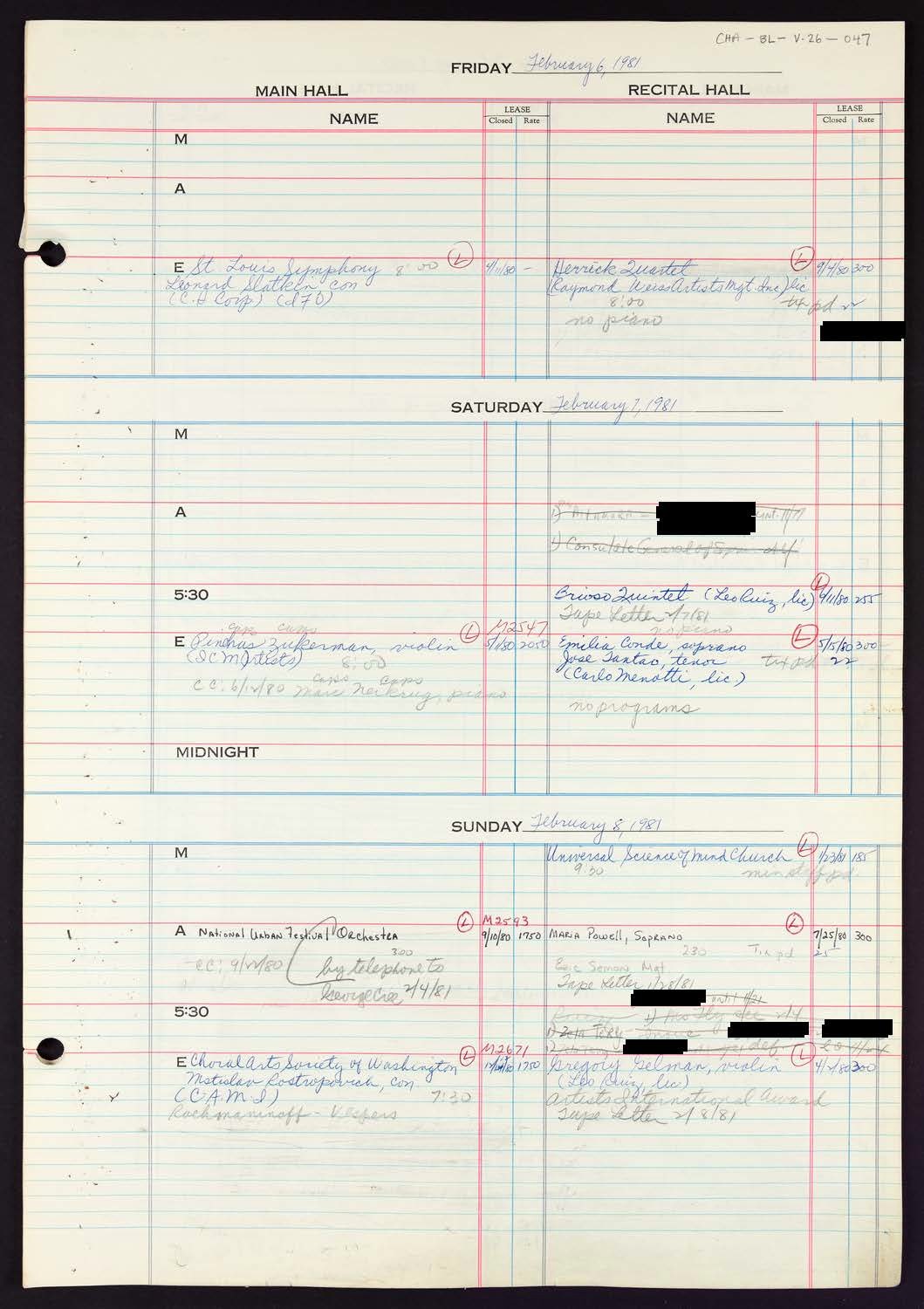 Carnegie Hall Booking Ledger, volume 26, page 47