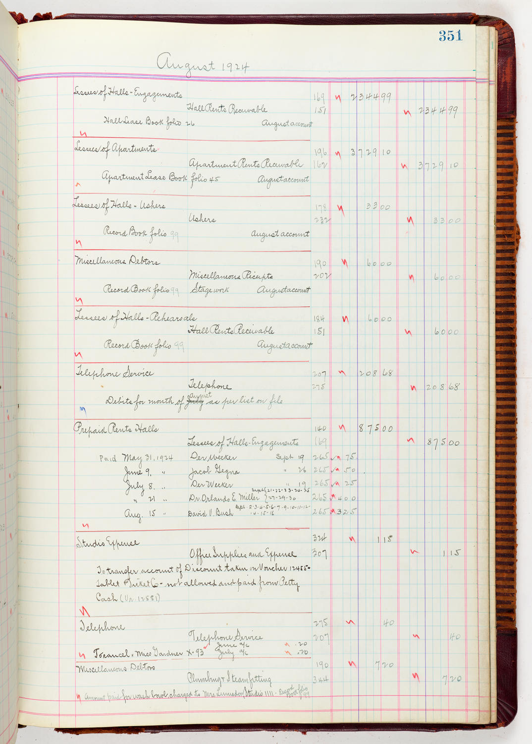 Music Hall Accounting Ledger, volume 5, page 351